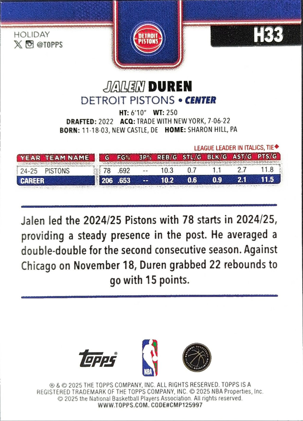 2025-26 Topps Holiday Jalen Duren #H33 Detroit Pistons back