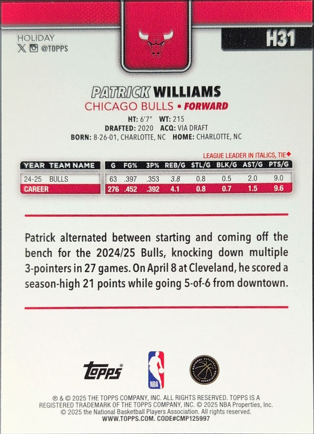 2025-26 Topps Holiday Patrick Williams #H31 Chicago Bulls back