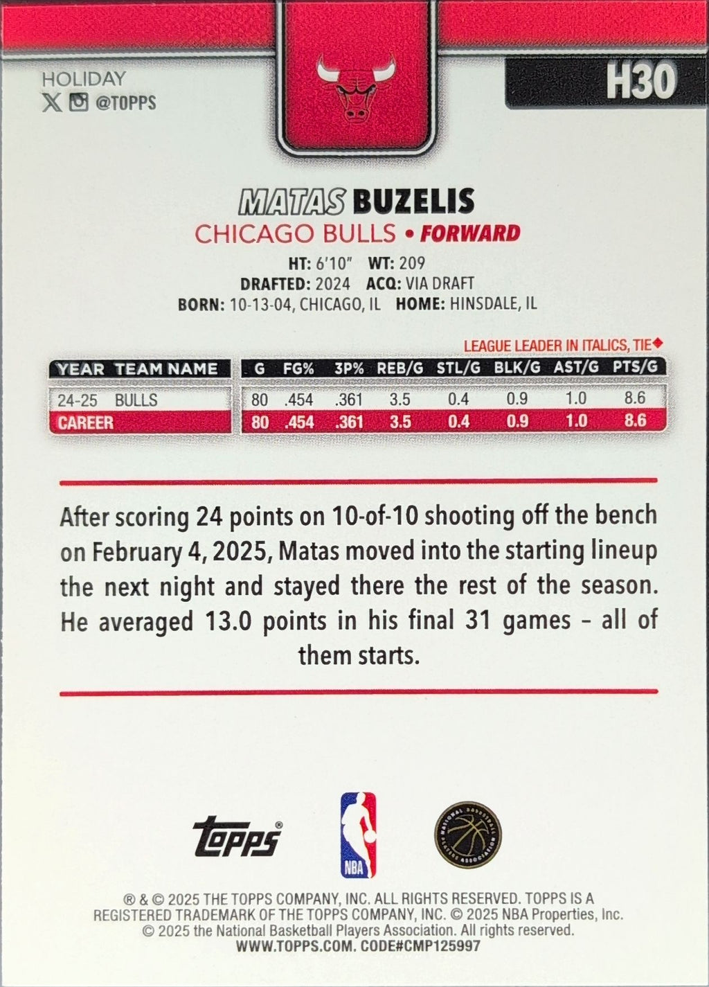 2025-26 Topps Holiday Matas Buzelis #H30 Chicago Bulls back