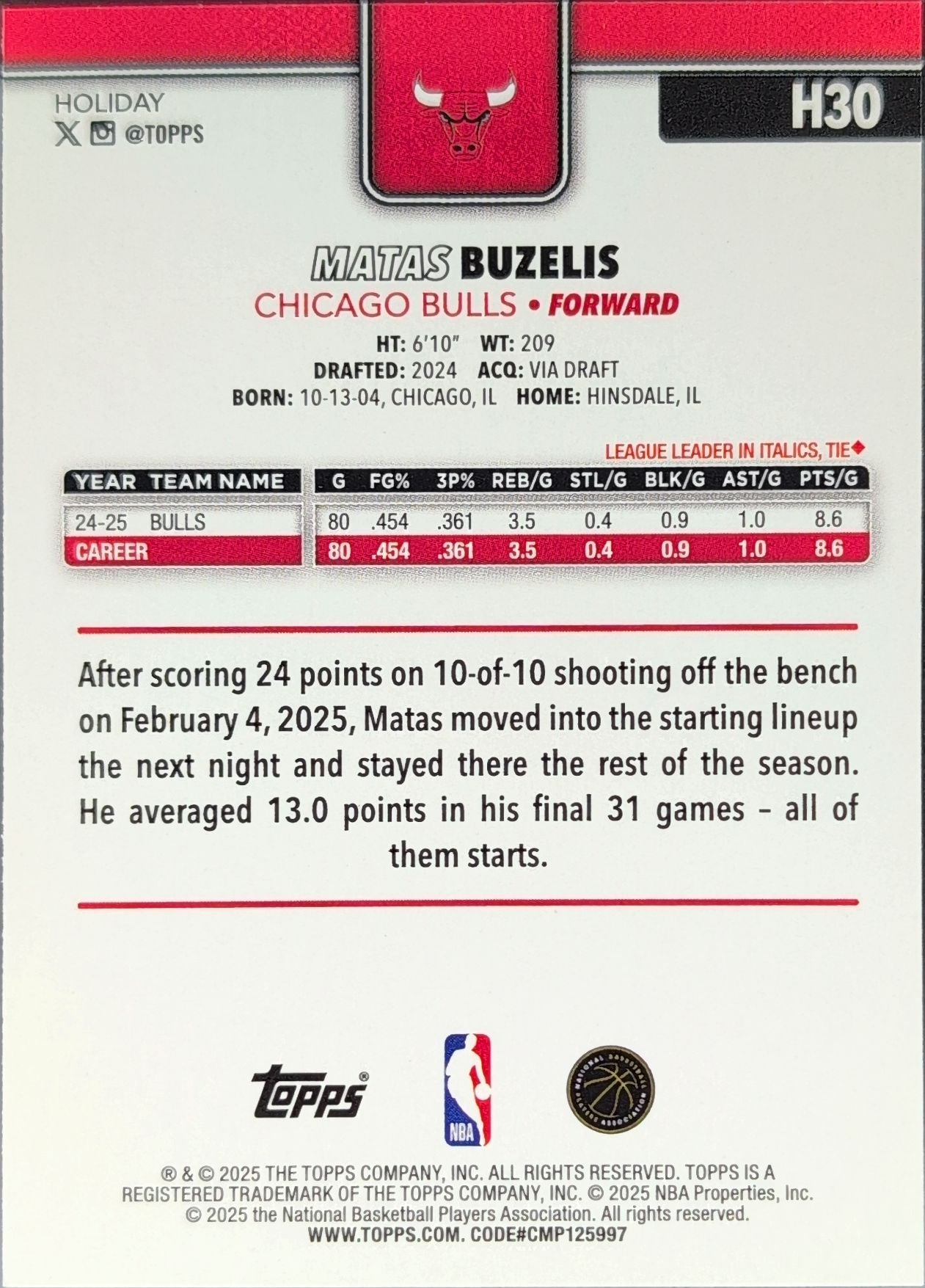 2025-26 Topps Holiday Matas Buzelis #H30 Chicago Bulls back
