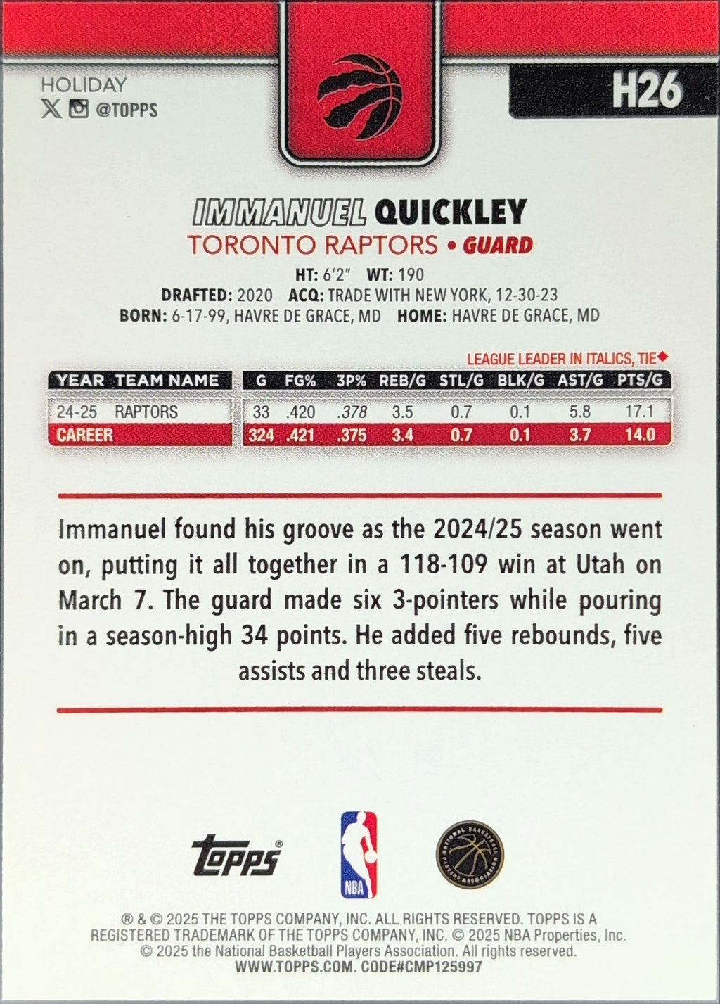 2025-26 Topps Holiday Immanuel Quickley #H26 Toronto Raptors back