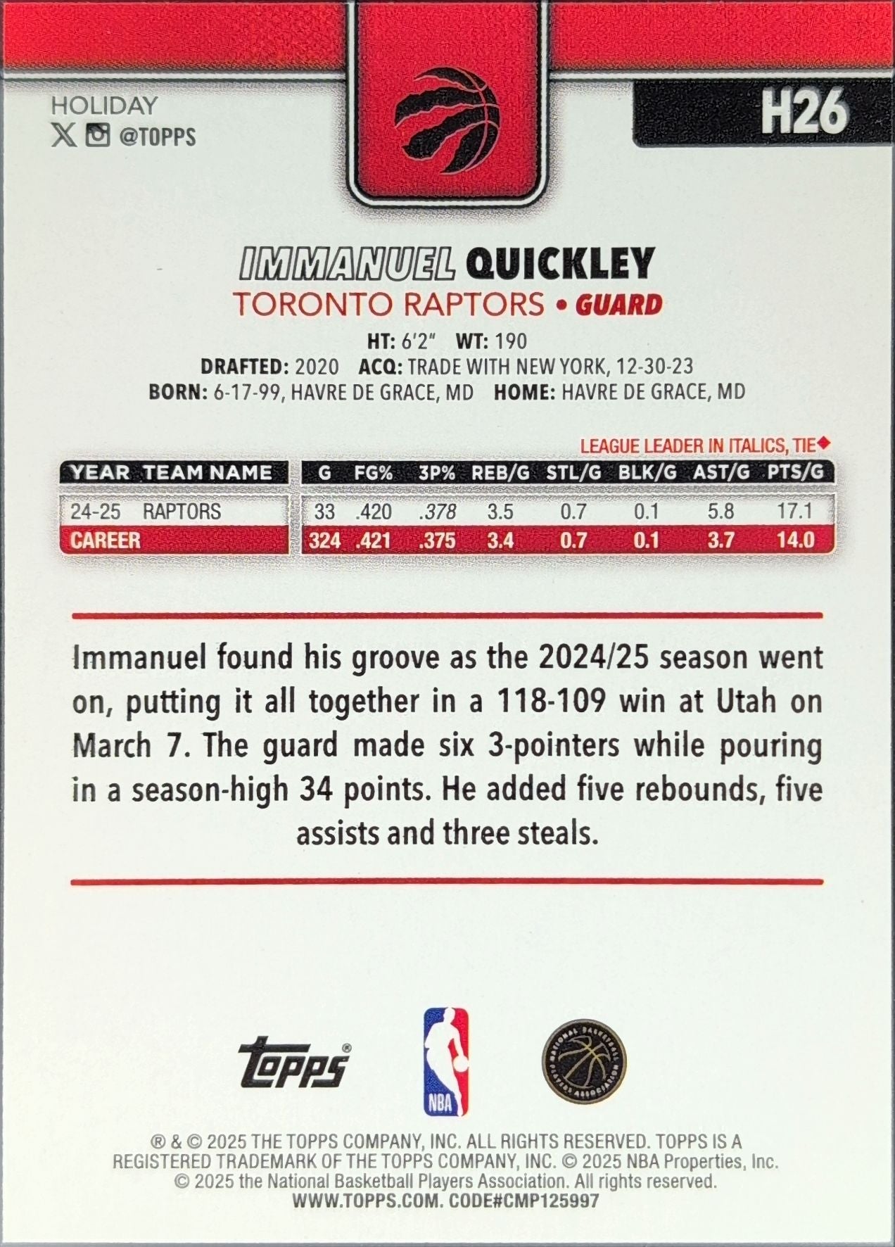 2025-26 Topps Holiday Immanuel Quickley #H26 Toronto Raptors back