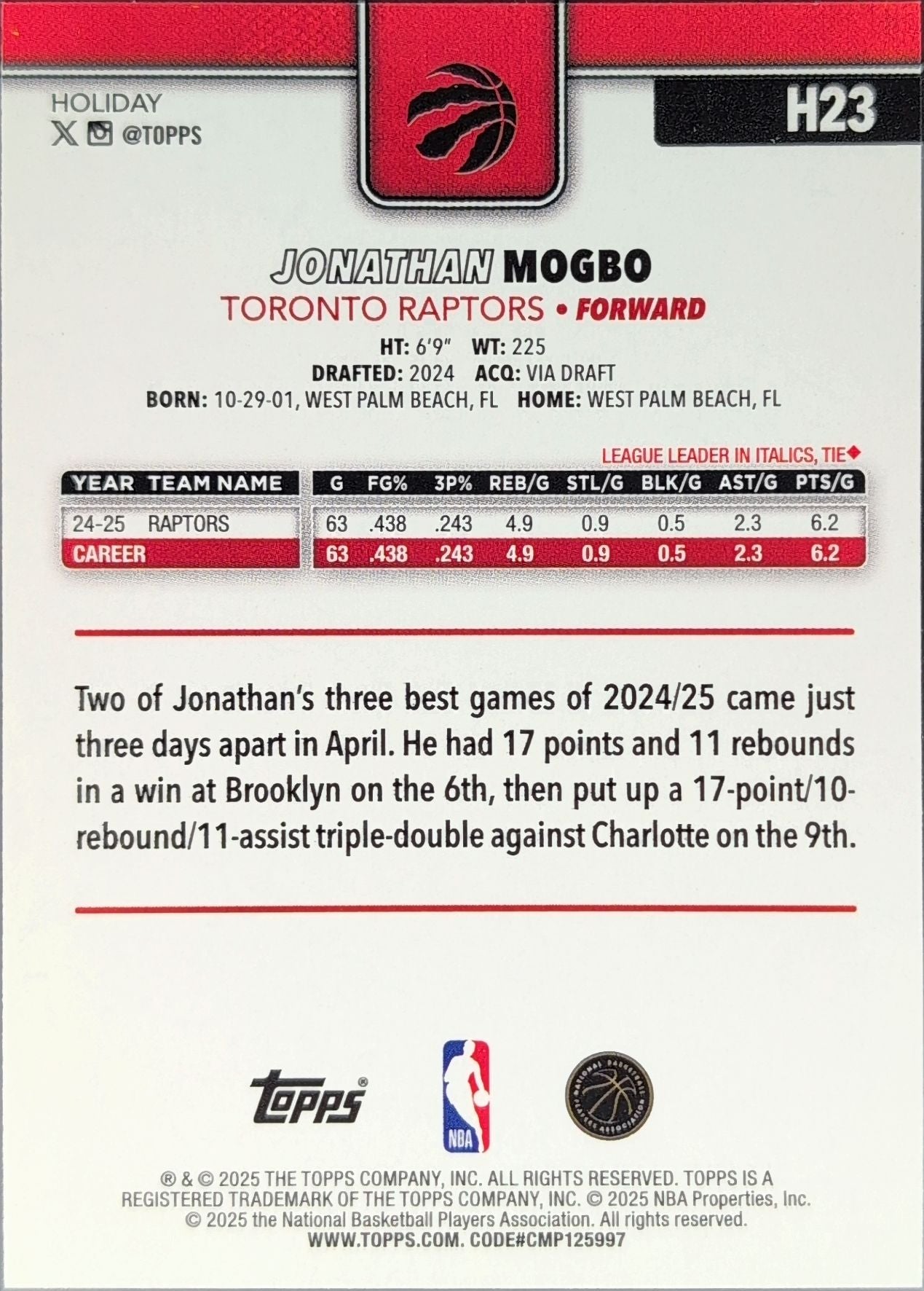 2025-26 Topps Holiday Jonathan Mogbo #H23 Toronto Raptors back