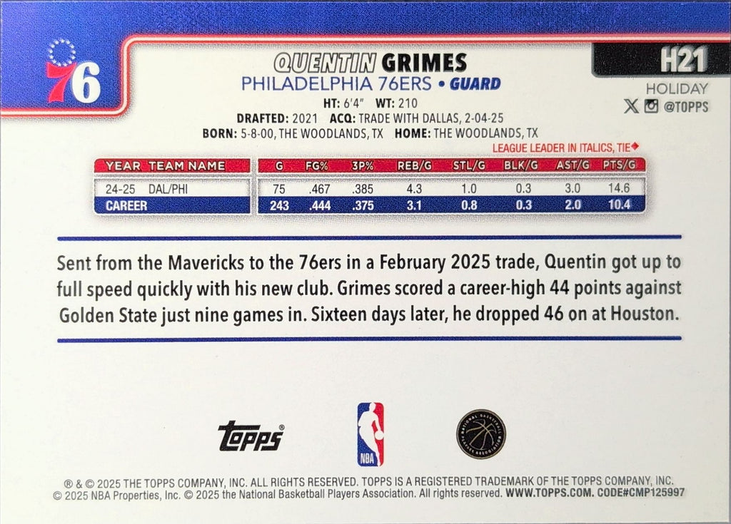 2025-26 Topps Holiday Quentin Grimes #H21 Philadelphia 76ers back