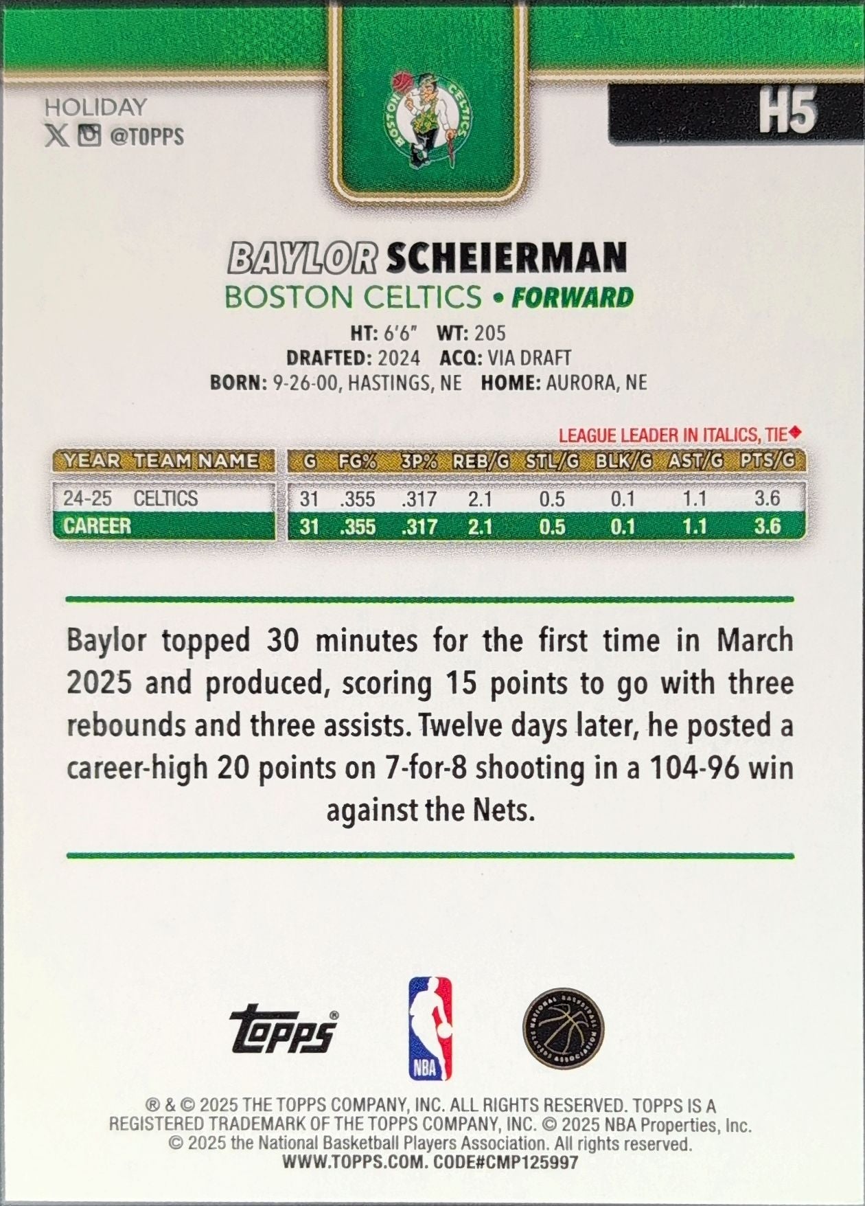 2025-26 Topps Holiday Baylor Scheierman #H5 Boston Celtics back
