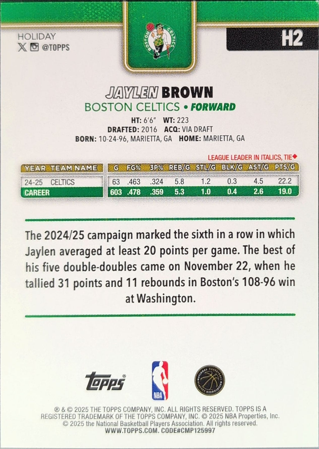 2025-26 Topps Holiday Jaylen Brown #H2 Boston Celtics back