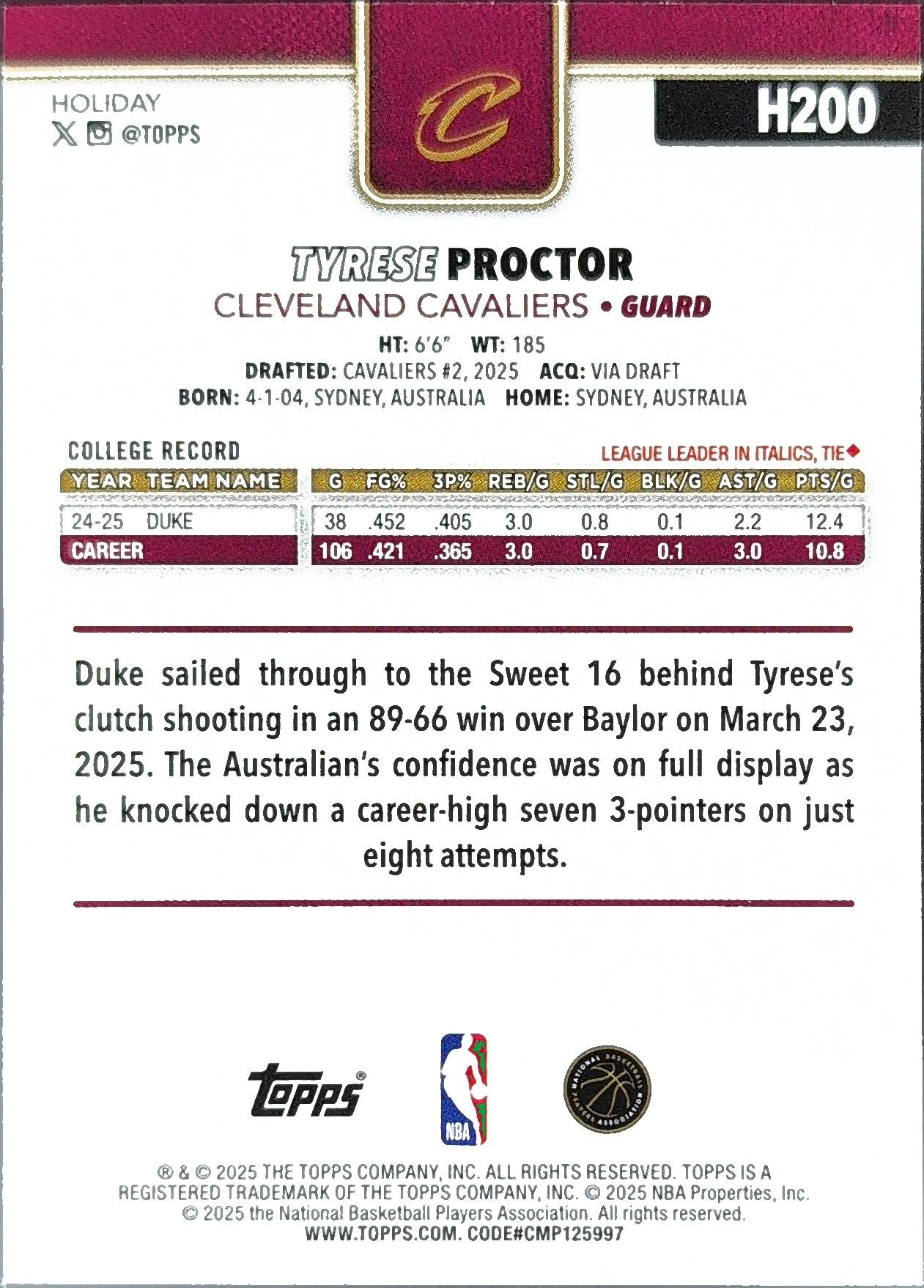 2025-26 Topps Holiday Tyrese Proctor #H200 RC Cleveland Cavaliers back