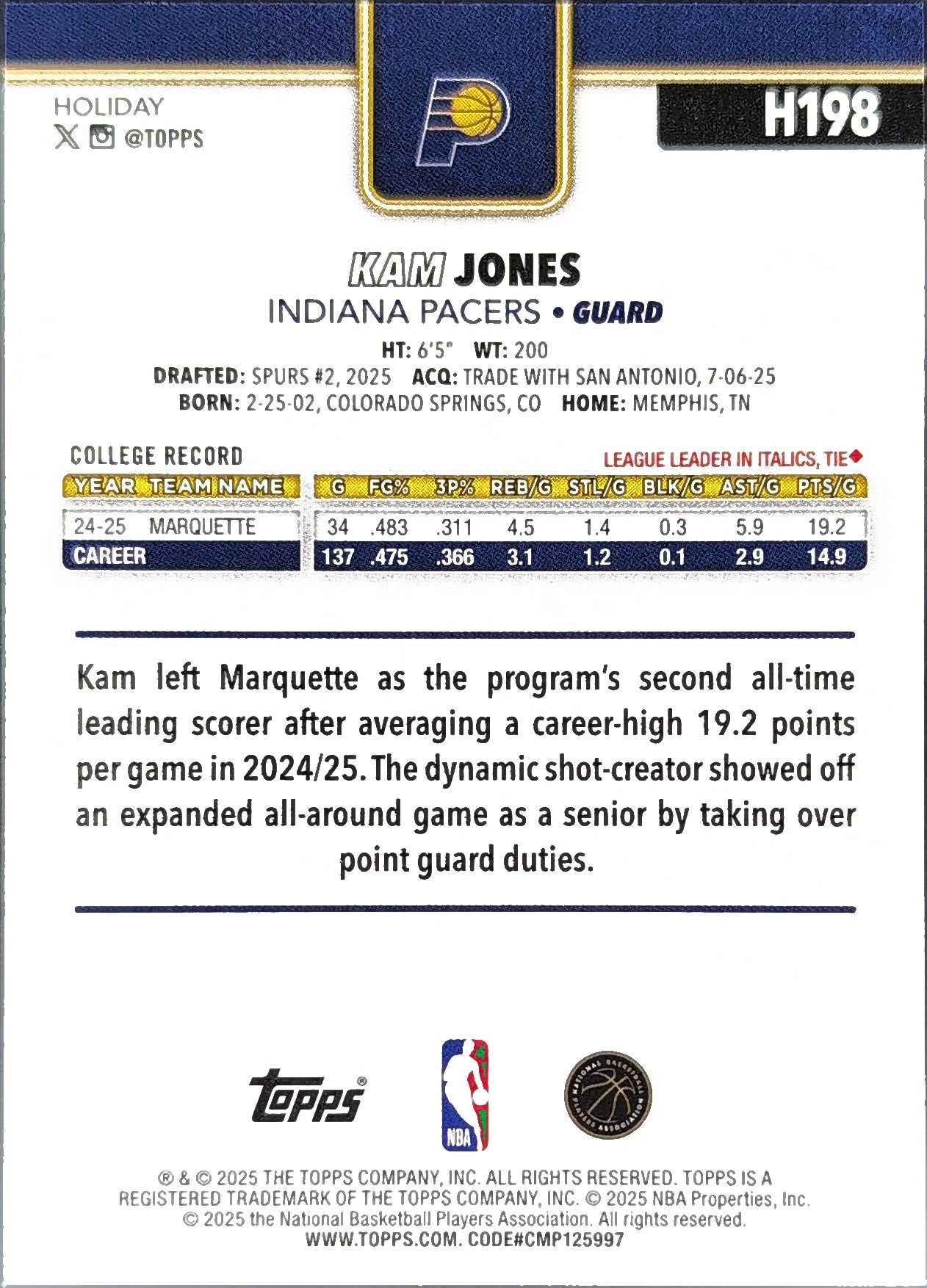2025-26 Topps Holiday Kam Jones #H198 RC Indiana Pacers back