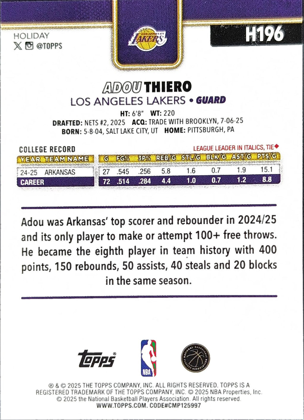 2025-26 Topps Holiday Adou Thiero #H196 RC Los Angeles Lakers back