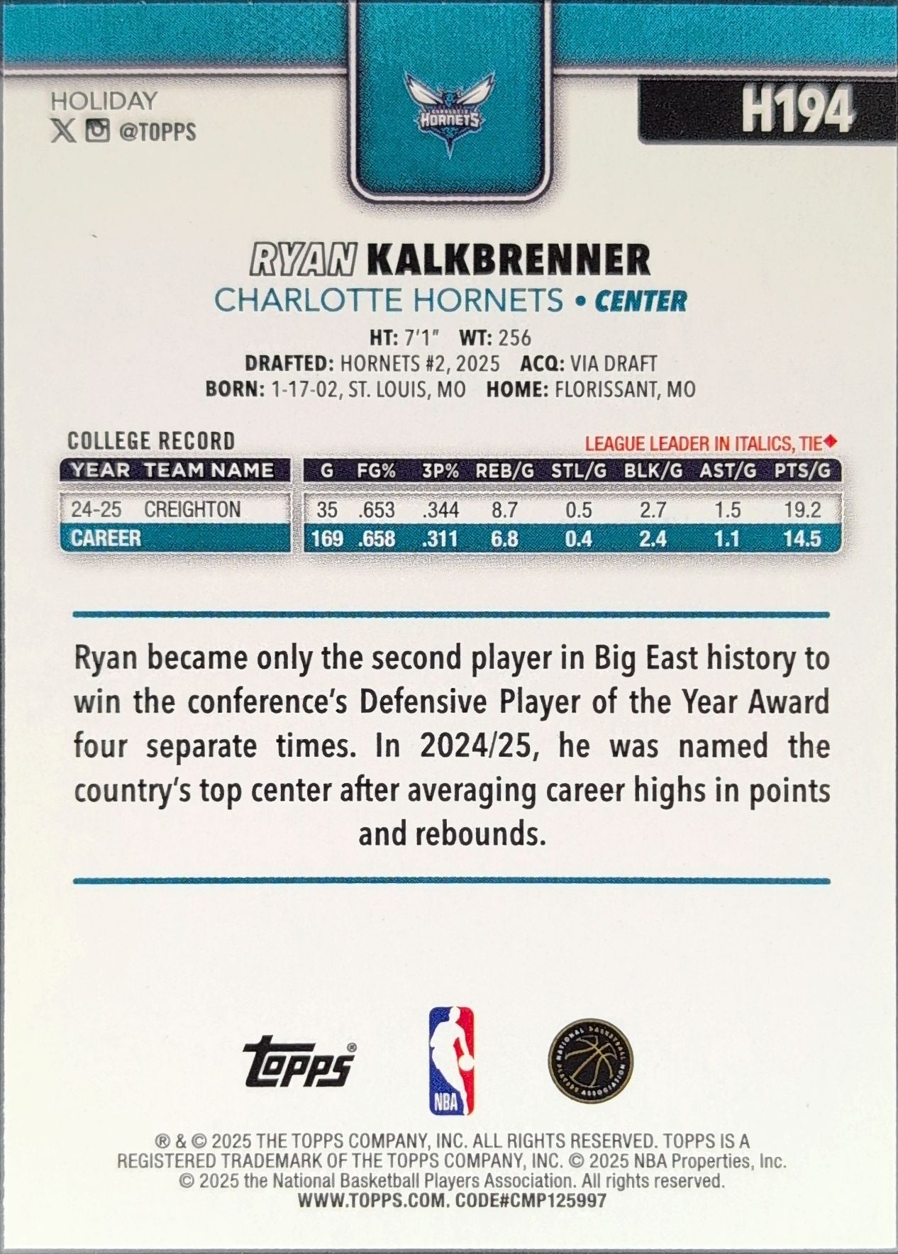 2025-26 Topps Ryan Kalkbrenner #234 RC Charlotte Hornets back