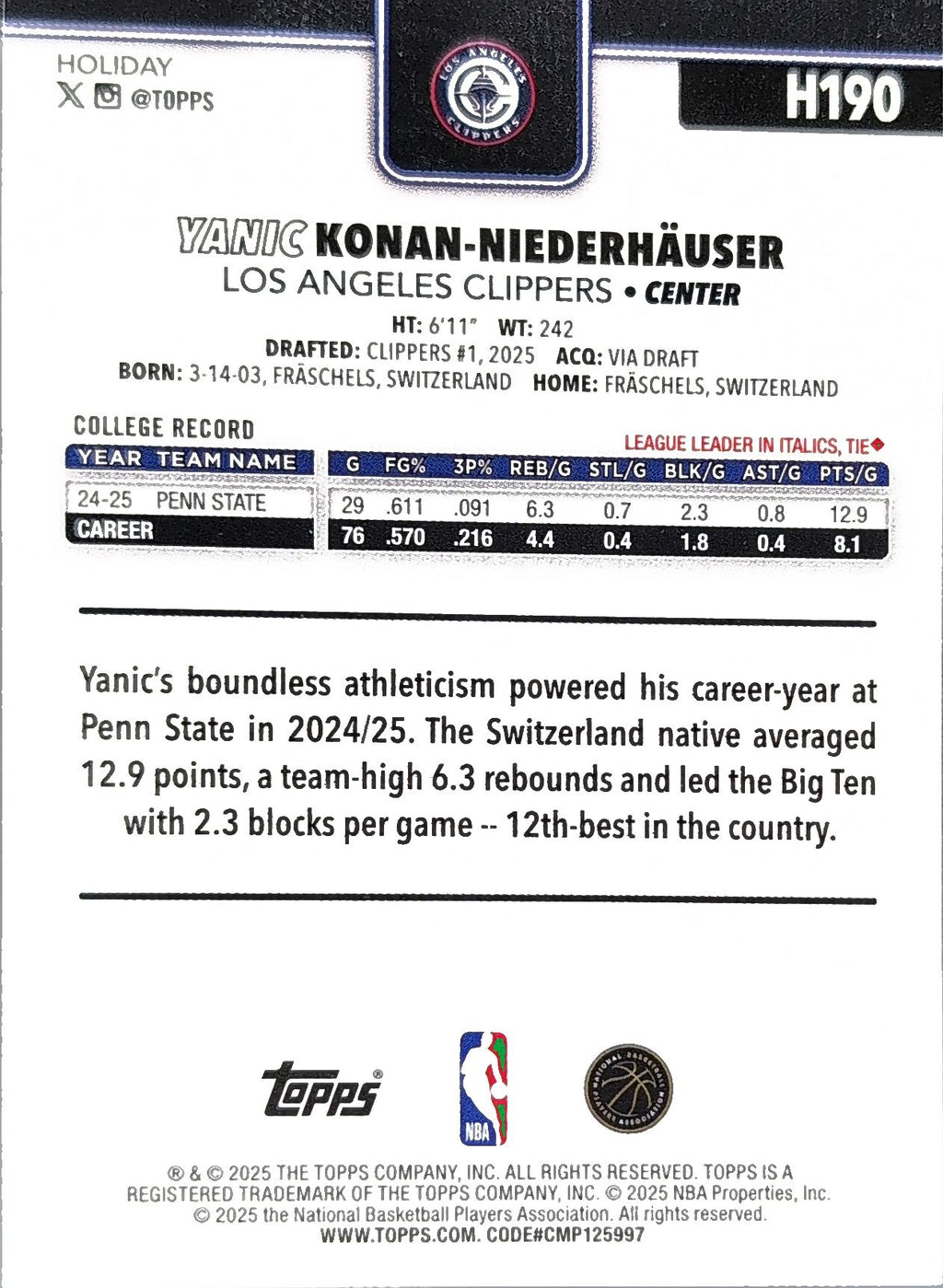 2025-26 Topps Holiday Yanic Konan Niederhauser #H190 RC Los Angeles Clippers back