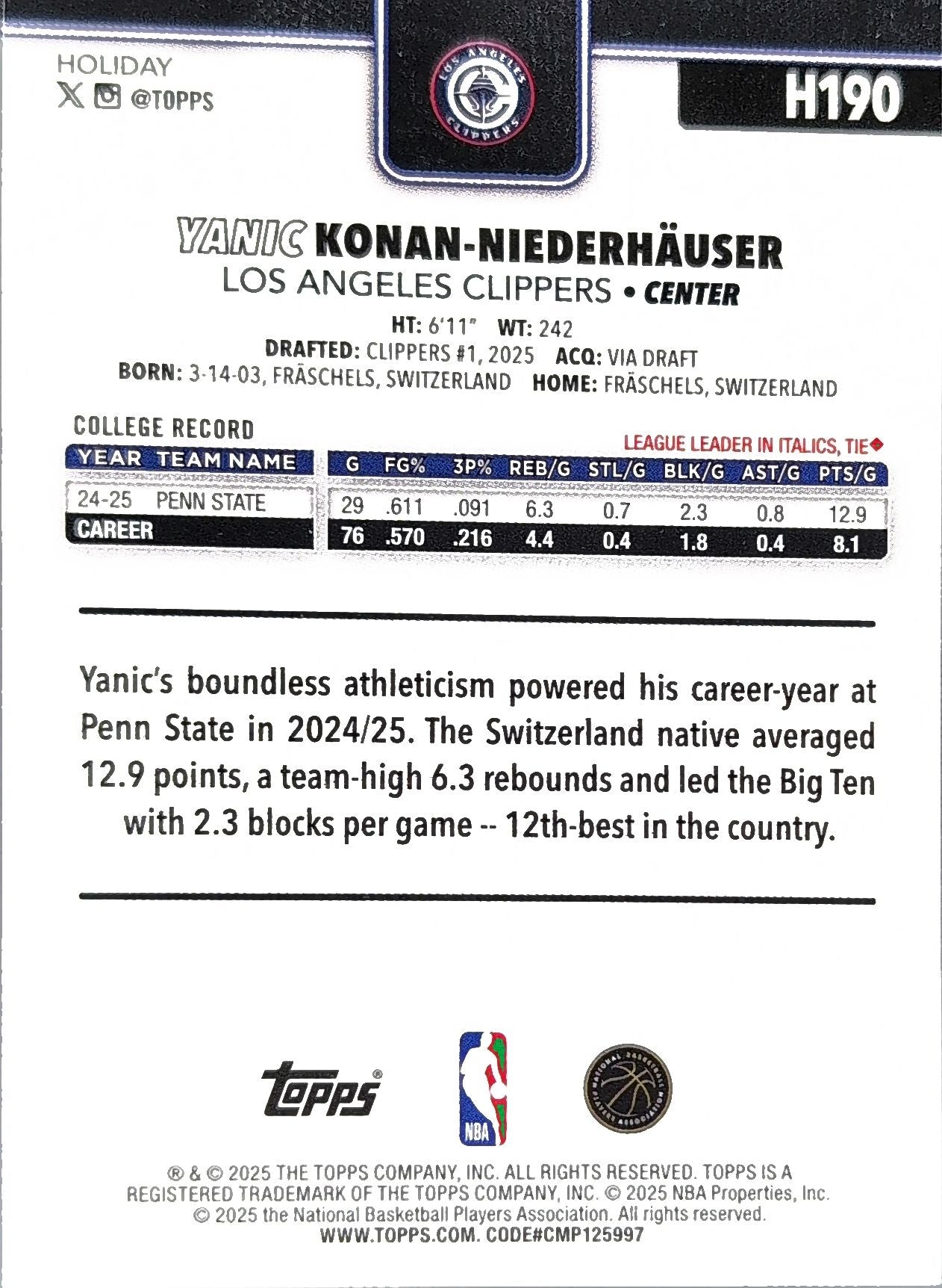 2025-26 Topps Holiday Yanic Konan Niederhauser #H190 RC Los Angeles Clippers back