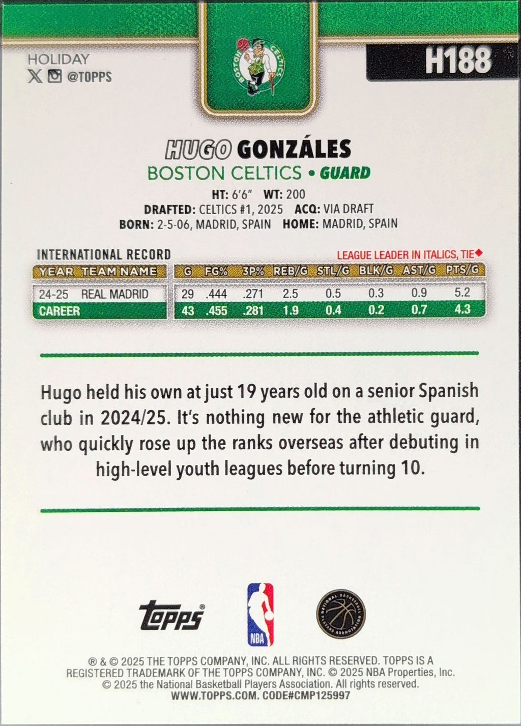2025-26 Topps Holiday Hugo Gonzalez #H188 RC Boston Celtics back