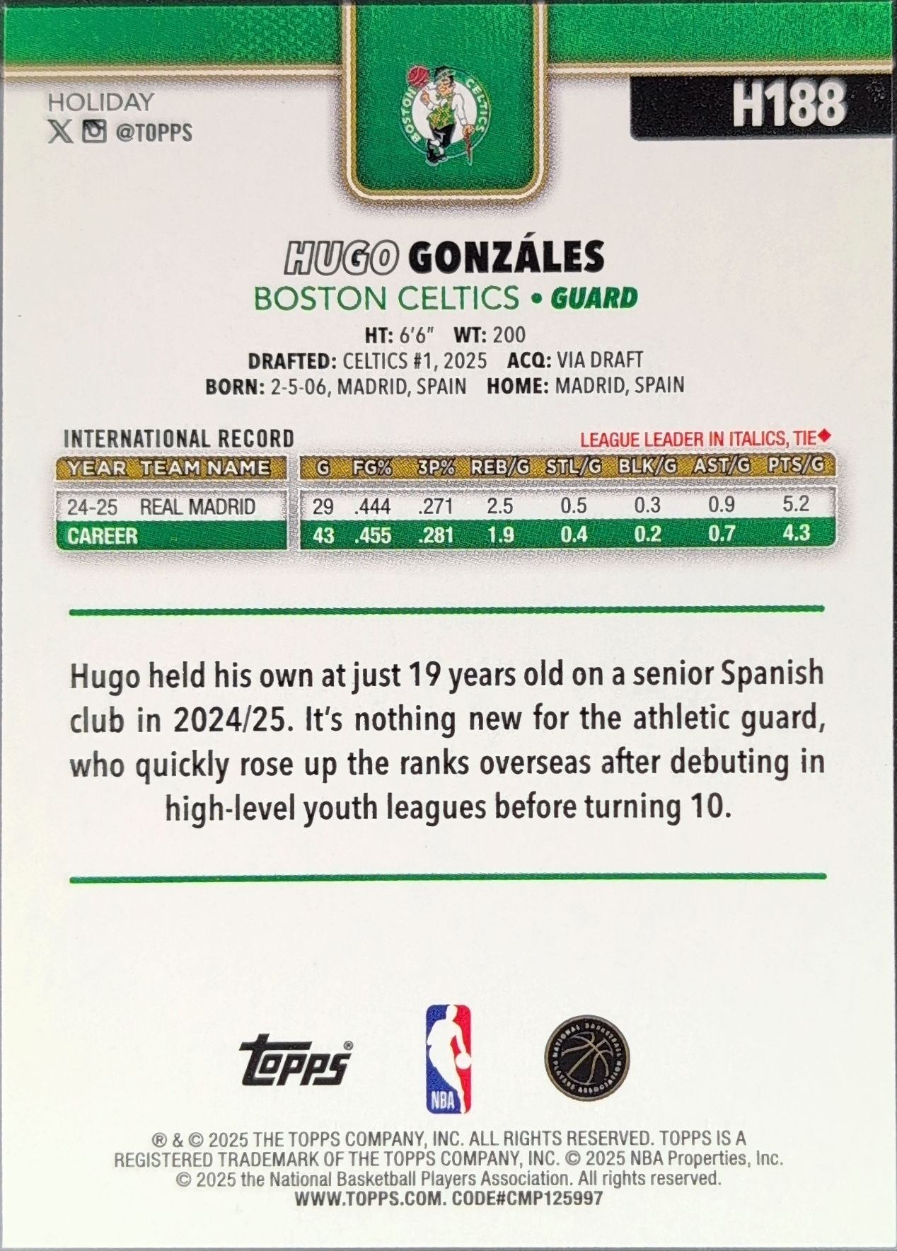 2025-26 Topps Holiday Hugo Gonzalez #H188 RC Boston Celtics back