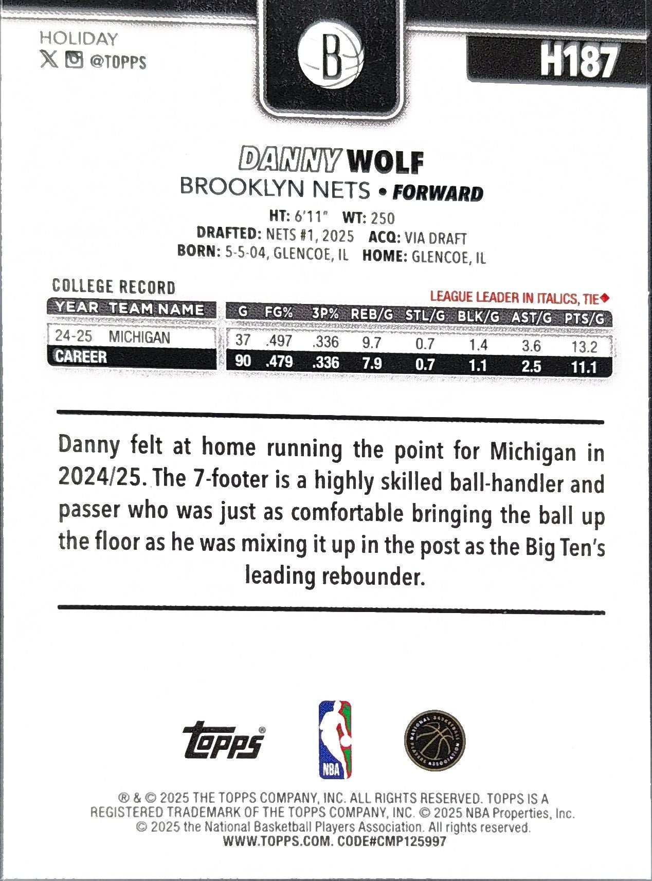 2025-26 Topps Holiday Danny Wolf #H187 Glitter Holiday RC Brooklyn Nets back