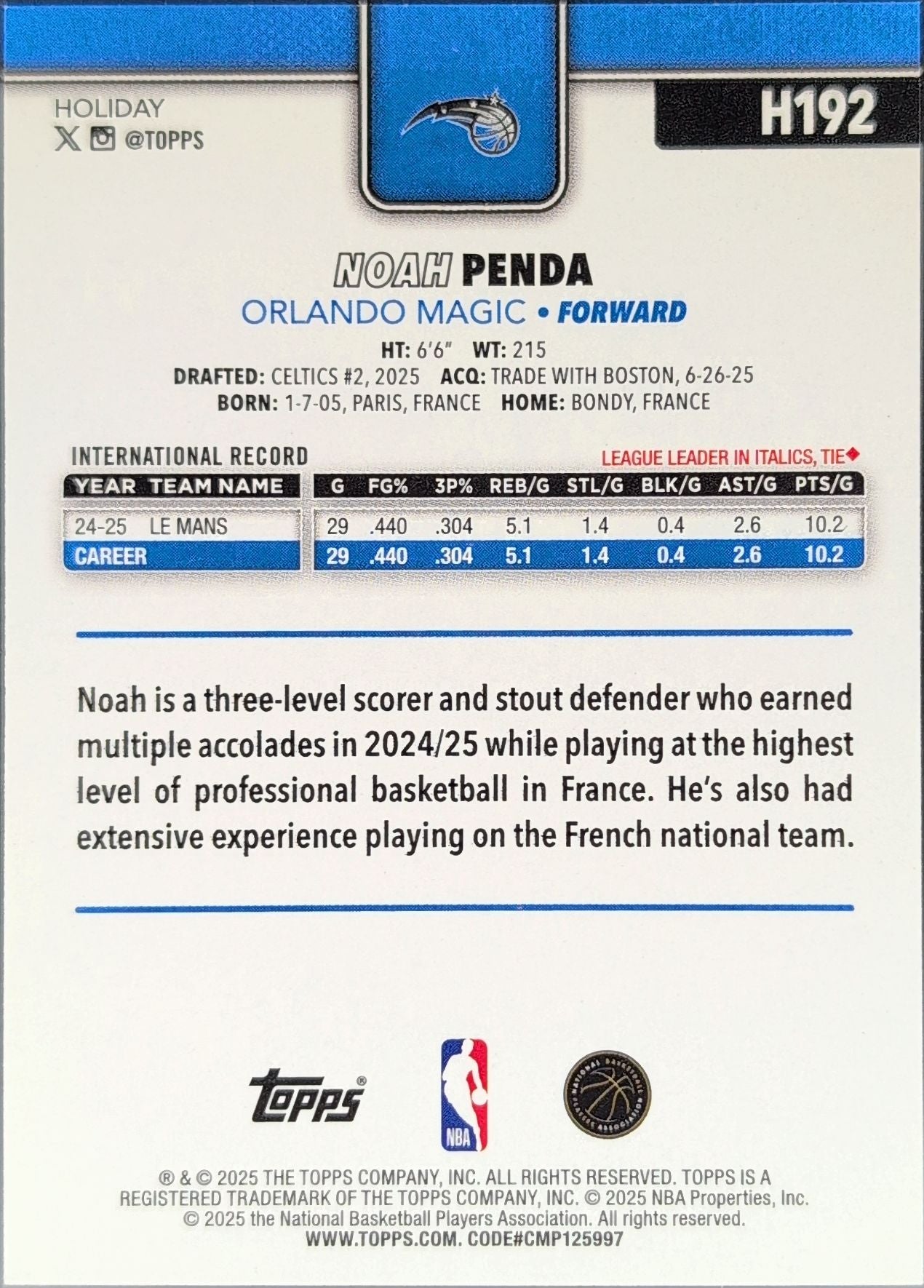 2025-26 Topps Holiday Noah Penda #H192 RC Orlando Magic back