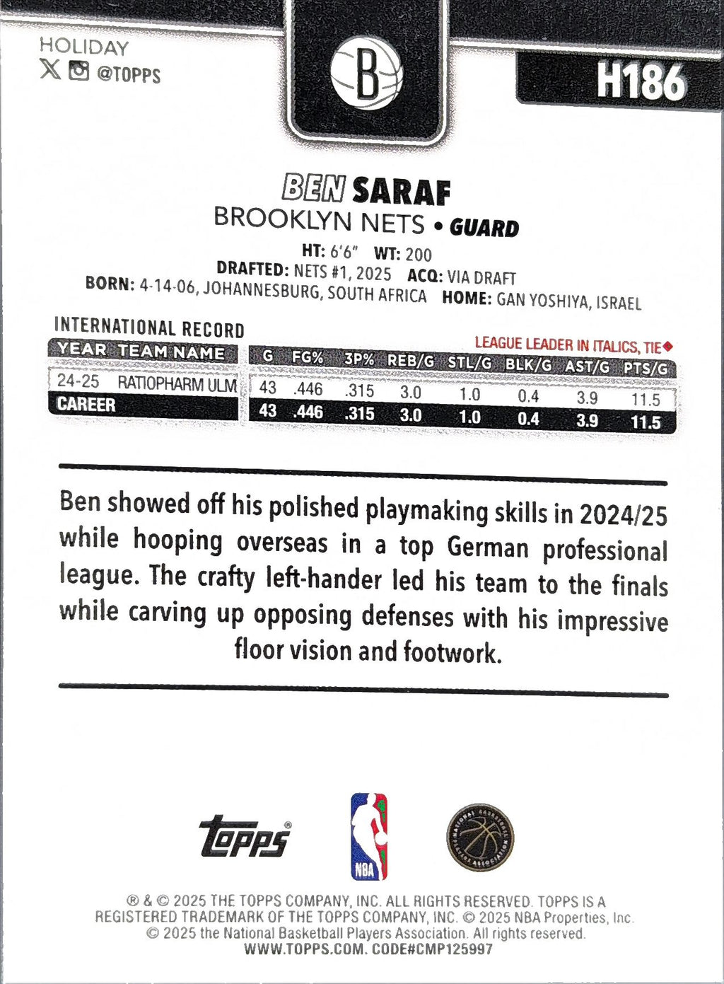 2025-26 Topps Holiday Ben Saraf #H186 RC Brooklyn Nets back