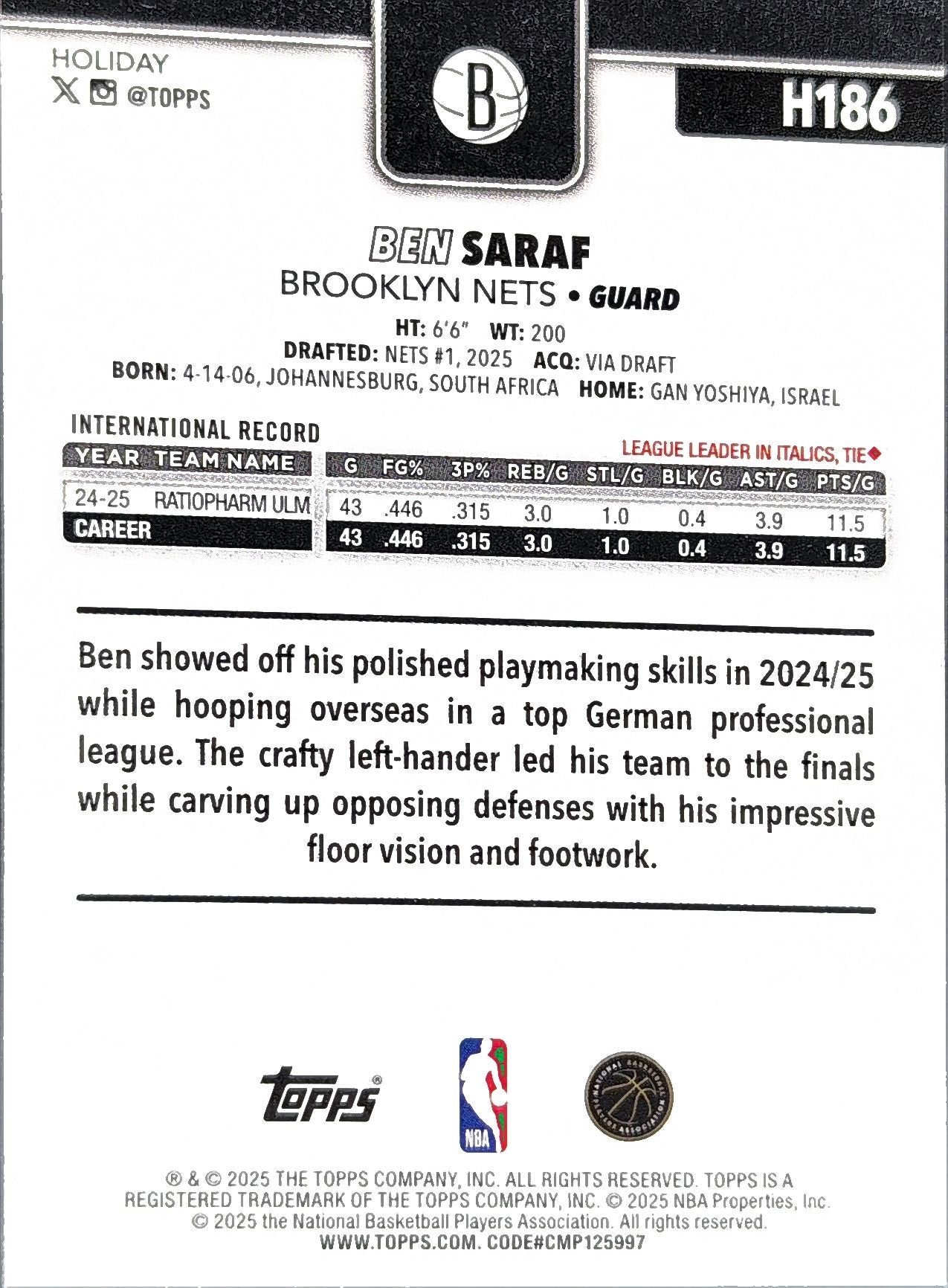2025-26 Topps Holiday Ben Saraf #H186 RC Brooklyn Nets back