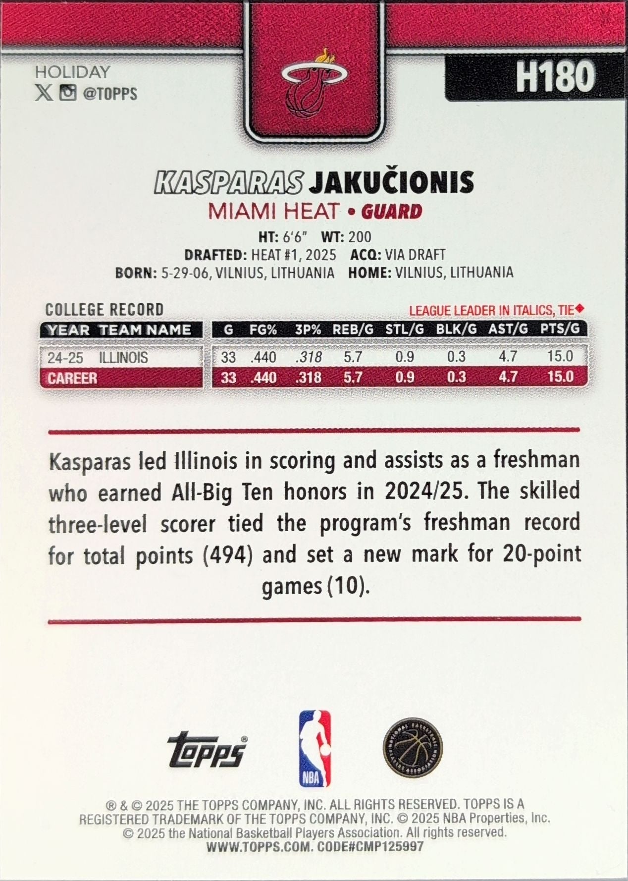2025-26 Topps Holiday Kasparas Jakučionis #H180 RC Miami Heat back