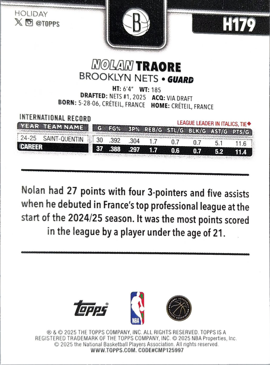 2025-26 Topps Holiday Nolan Traore #H179 RC Brooklyn Nets back