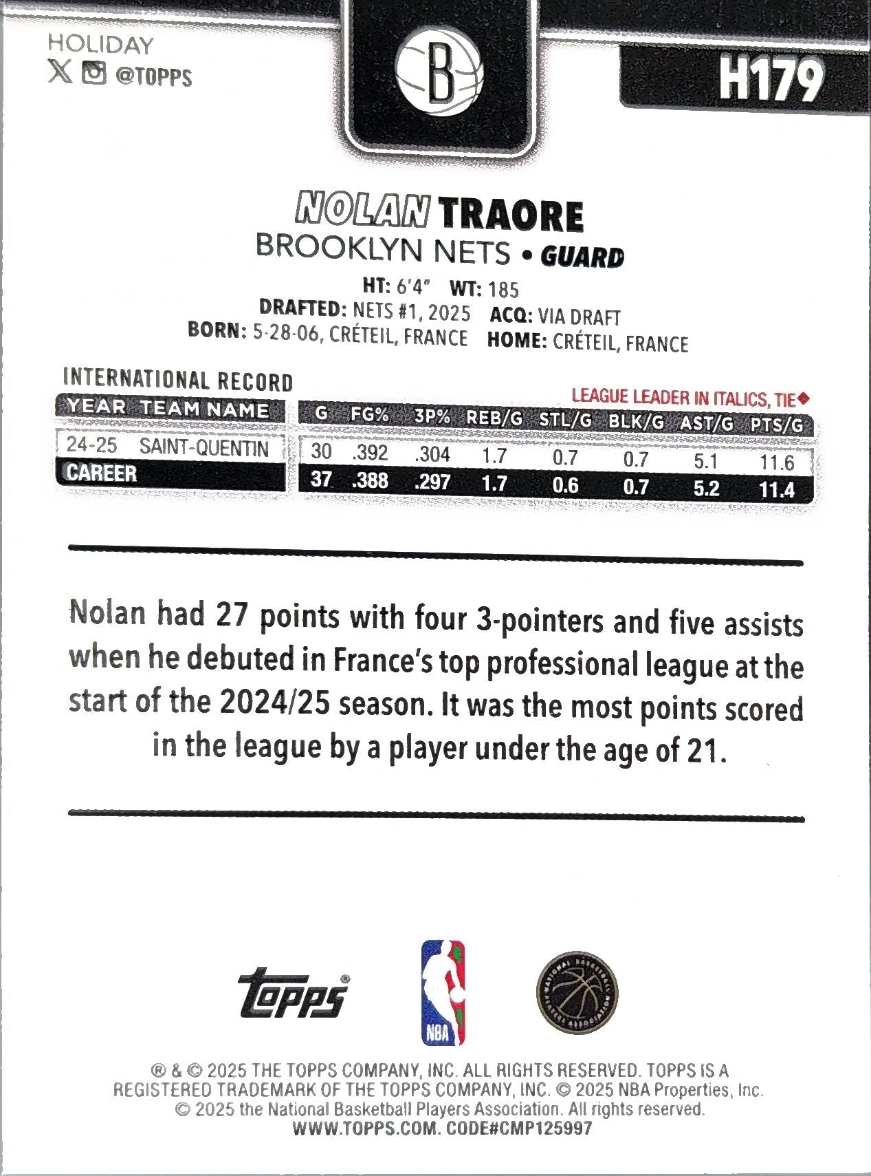 2025-26 Topps Holiday Nolan Traore #H179 RC Brooklyn Nets back