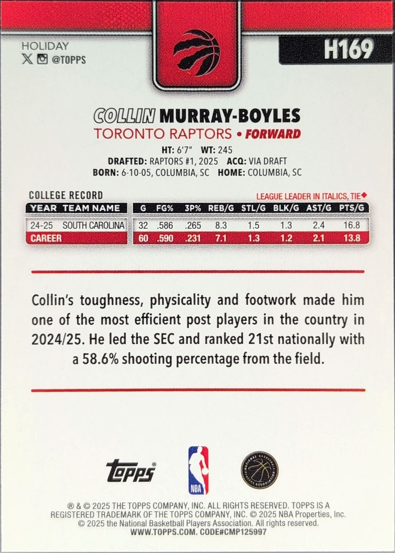 2025-26 Topps Holiday Collin Murray-Boyles #H169 RC Toronto Raptors back