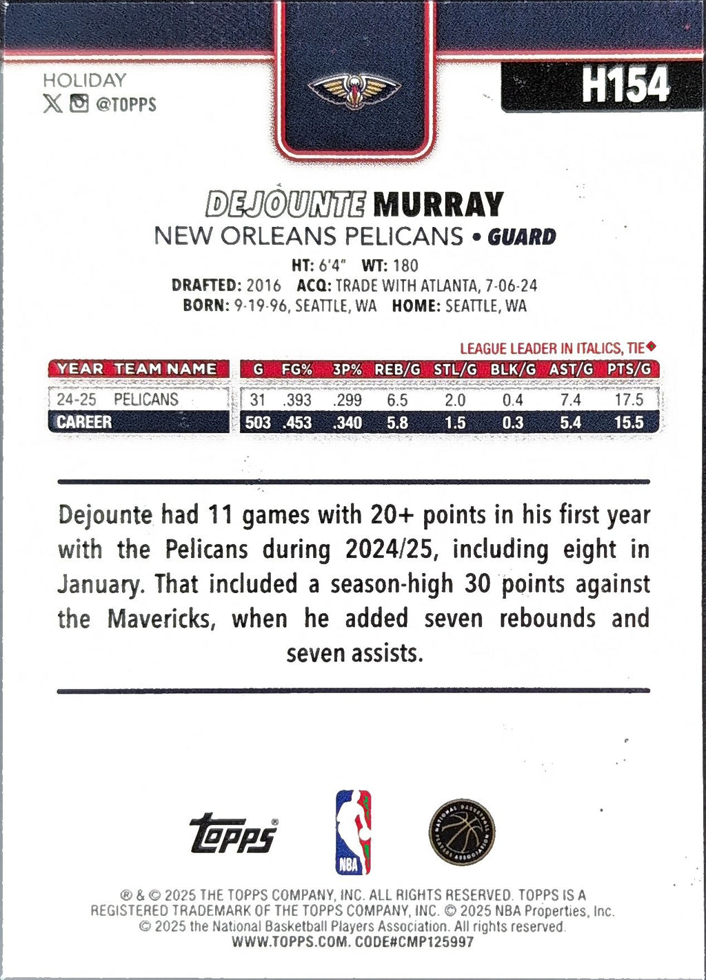 2025-26 Topps Holiday Dejounte Murray #H154 New Orleans Pelicans back