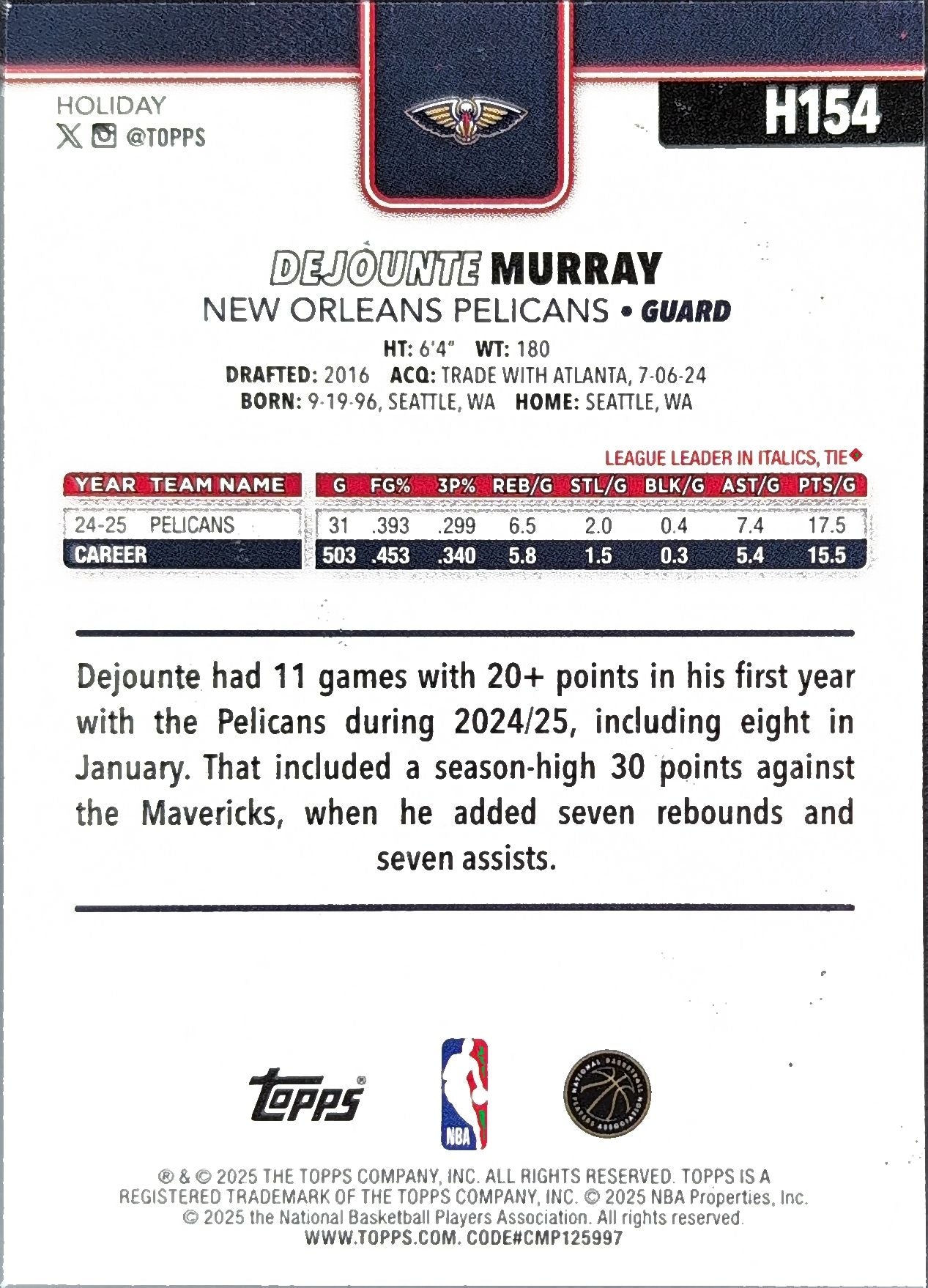 2025-26 Topps Holiday Dejounte Murray #H154 New Orleans Pelicans back