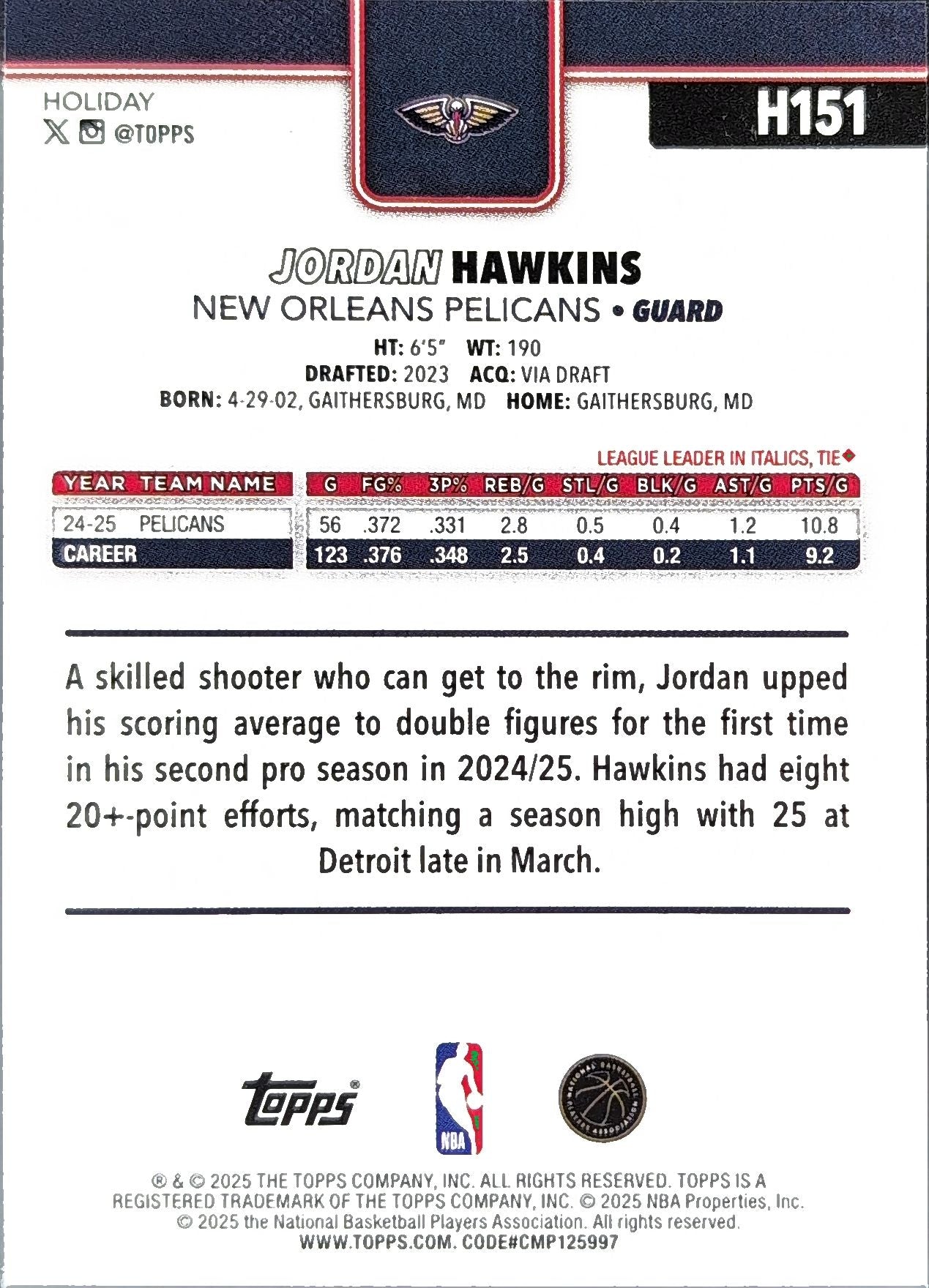 2025-26 Topps Holiday Jordan Hawkins #H151 New Orleans Pelicans back