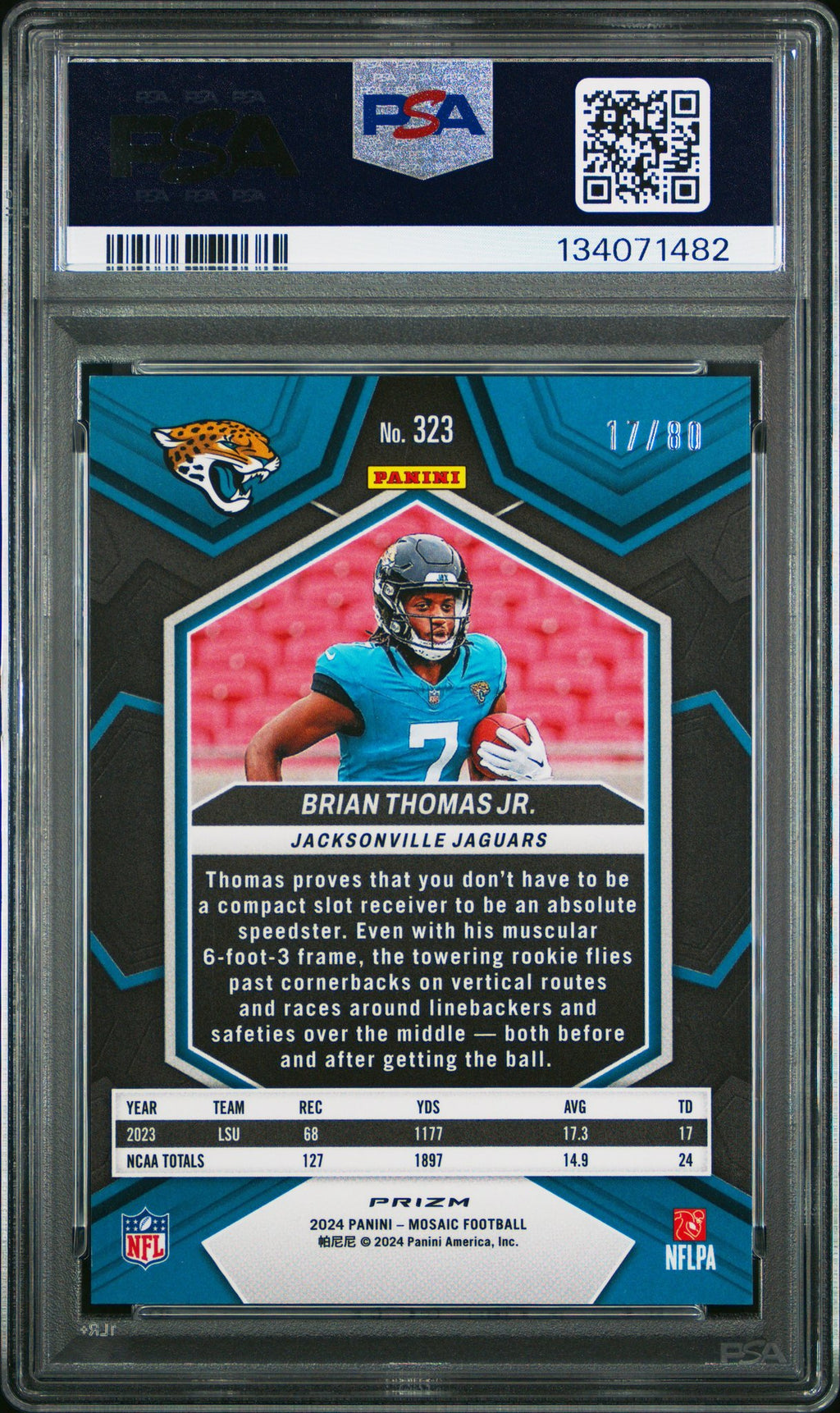 Brian Thomas Jr. 2024 Panini Mosaic #323 Mosaic Choice Fusion Red and Yellow PSA 10 Jacksonville Jaguars - back image