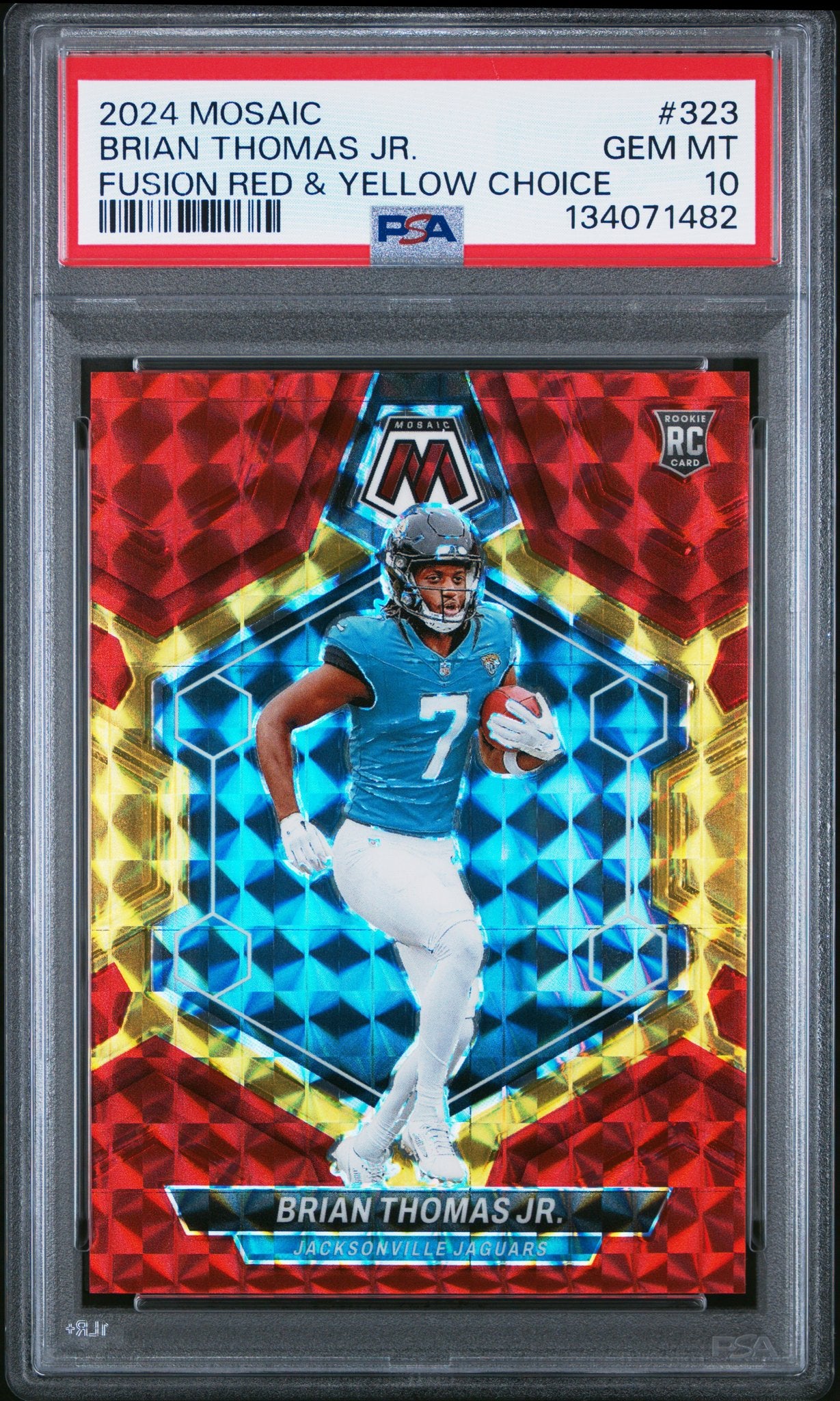 Brian Thomas Jr. 2024 Panini Mosaic #323 Mosaic Choice Fusion Red and Yellow PSA 10 Jacksonville Jaguars - front image