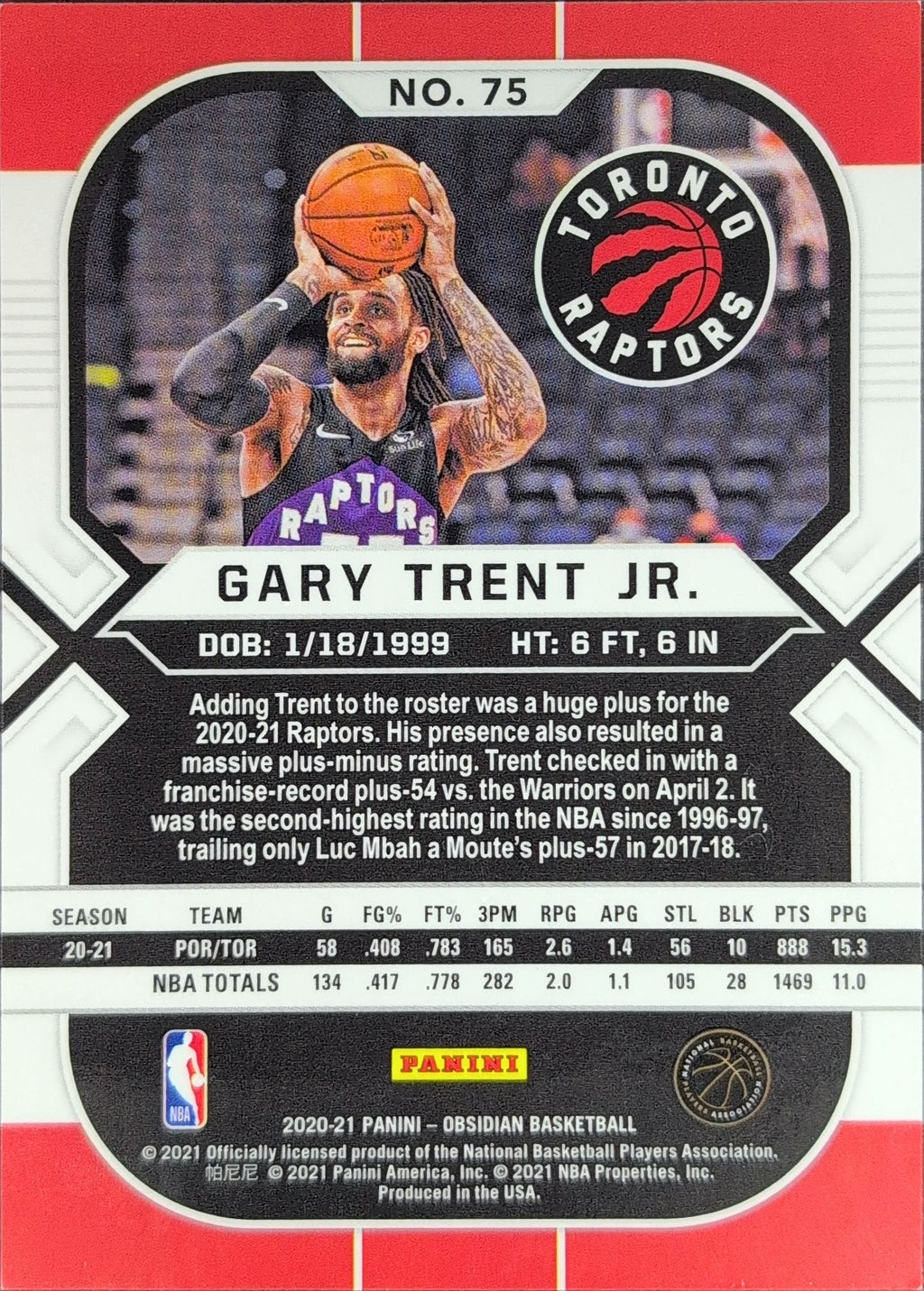 2020-21 Panini Obsidian Gary Trent Jr. #75 Toronto Raptors back