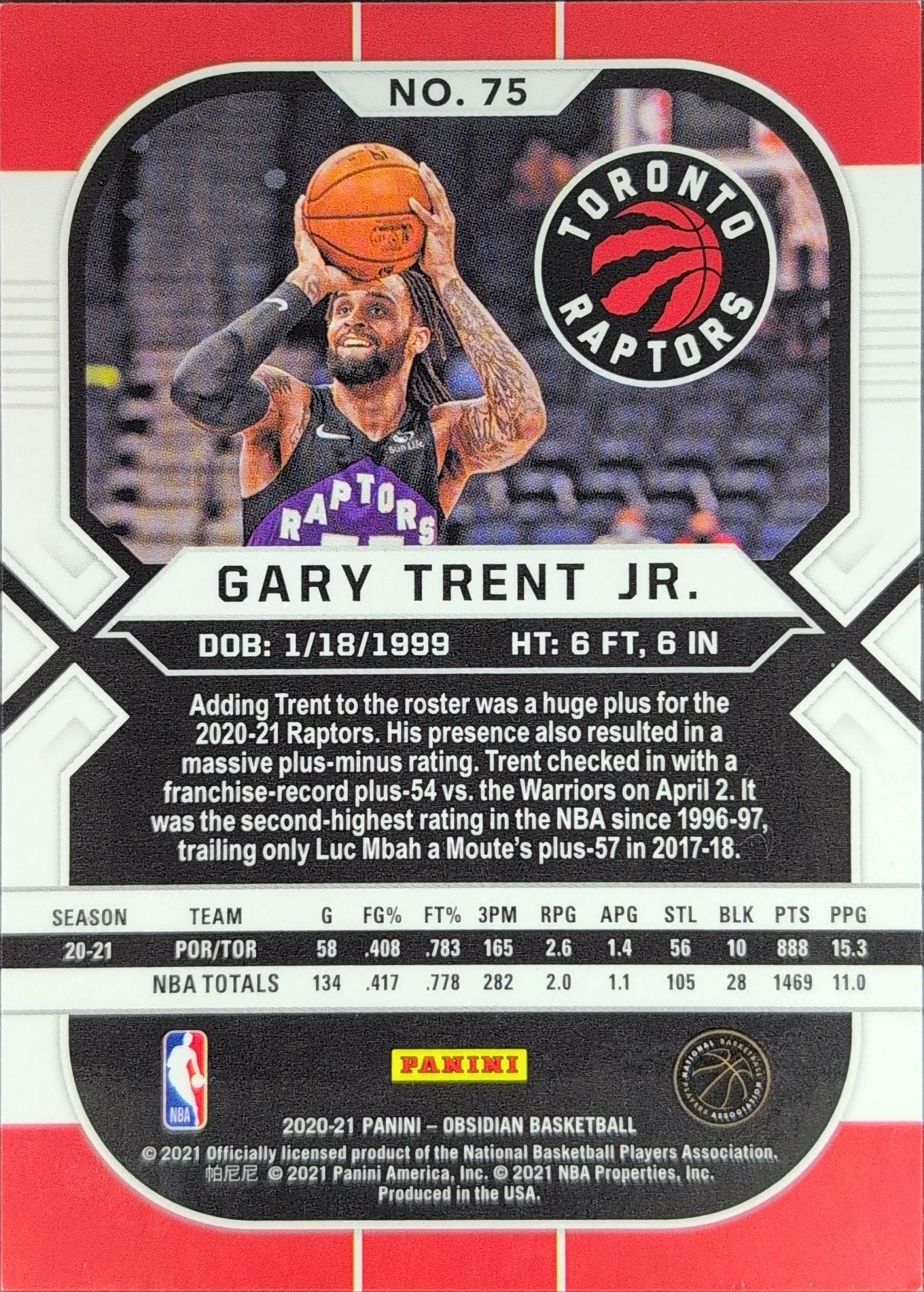 2020-21 Panini Obsidian Gary Trent Jr. #75 Toronto Raptors back