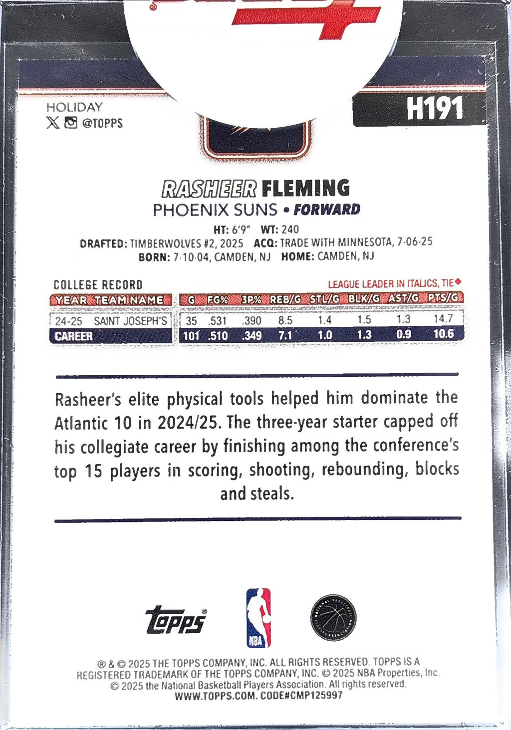 Rasheer Fleming 2025-26 Topps Holiday #H191 Glitter Holiday Rookie Phoenix Suns