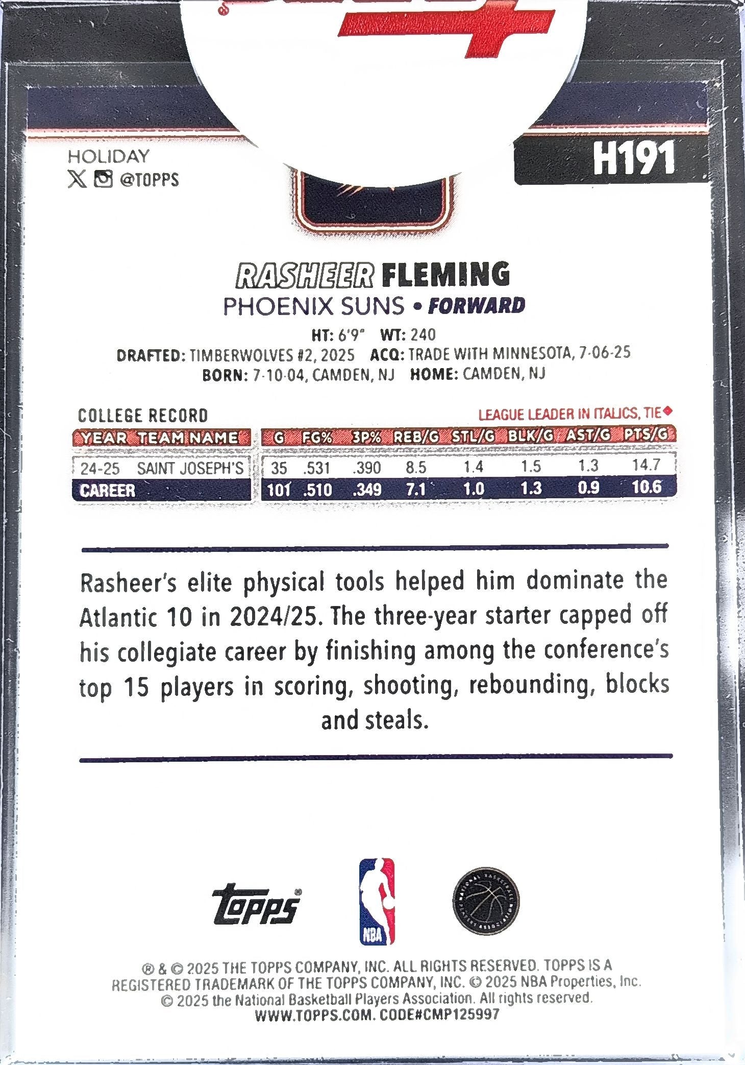 Rasheer Fleming 2025-26 Topps Holiday #H191 Glitter Holiday Rookie Phoenix Suns