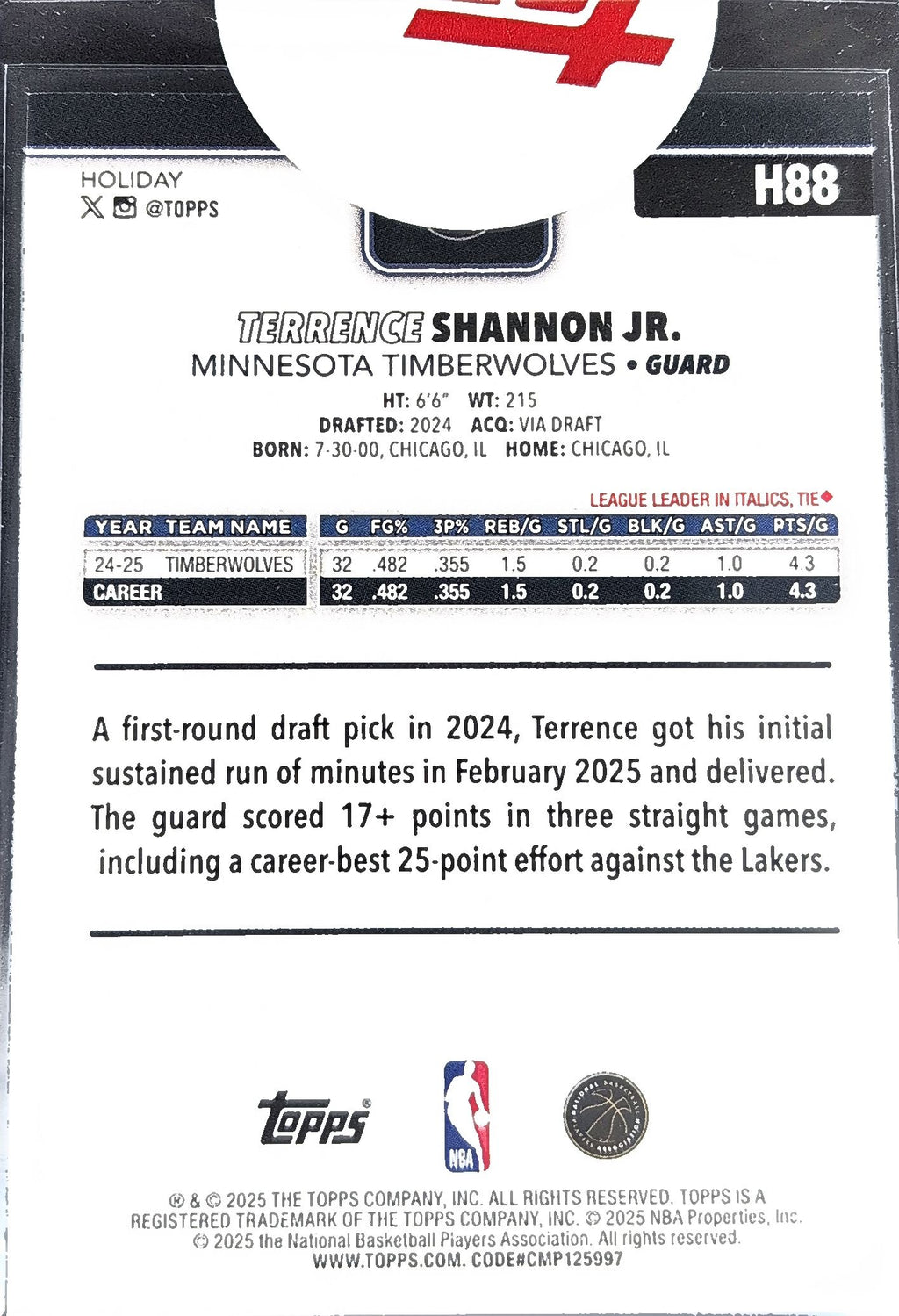 2025-26 Topps Holiday Terrence Shannon Jr. #H88 Light Blue and White Glitter Holiday Minnesota Timberwolves back