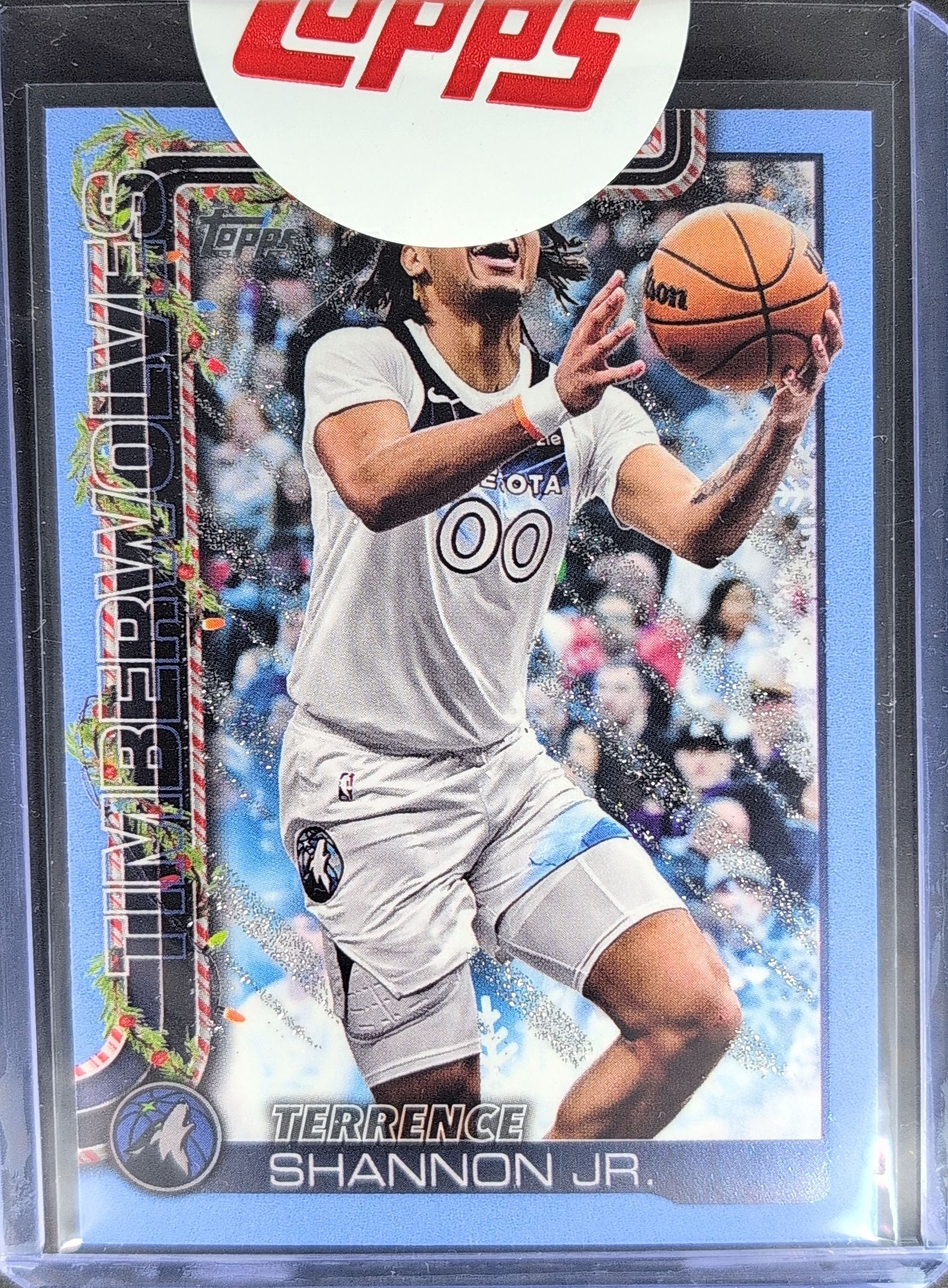 2025-26 Topps Holiday Terrence Shannon Jr. #H88 Light Blue and White Glitter Holiday Minnesota Timberwolves front