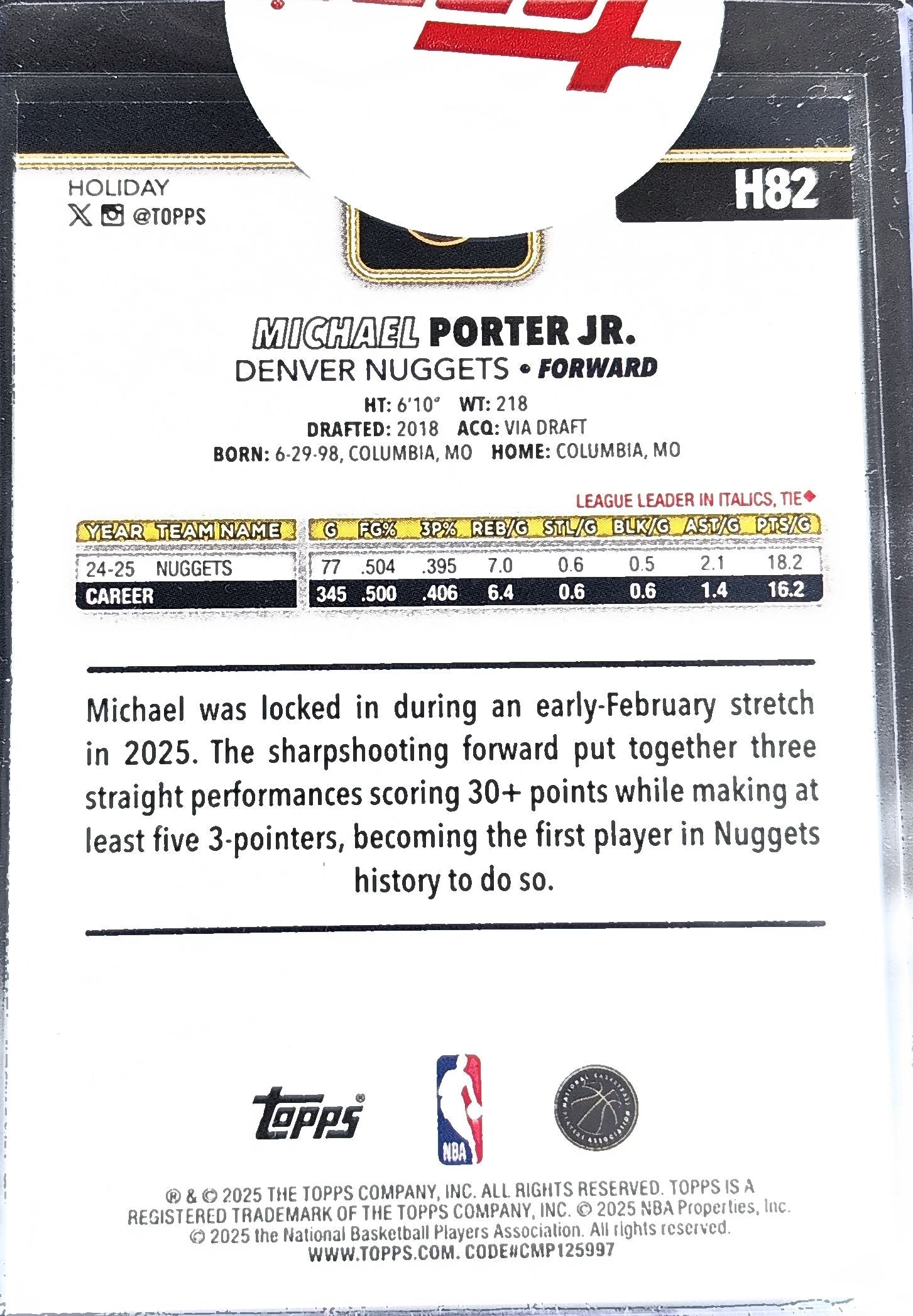 2025-26 Topps Holiday Michael Porter Jr. #H82 Glitter Holiday Denver Nuggets back