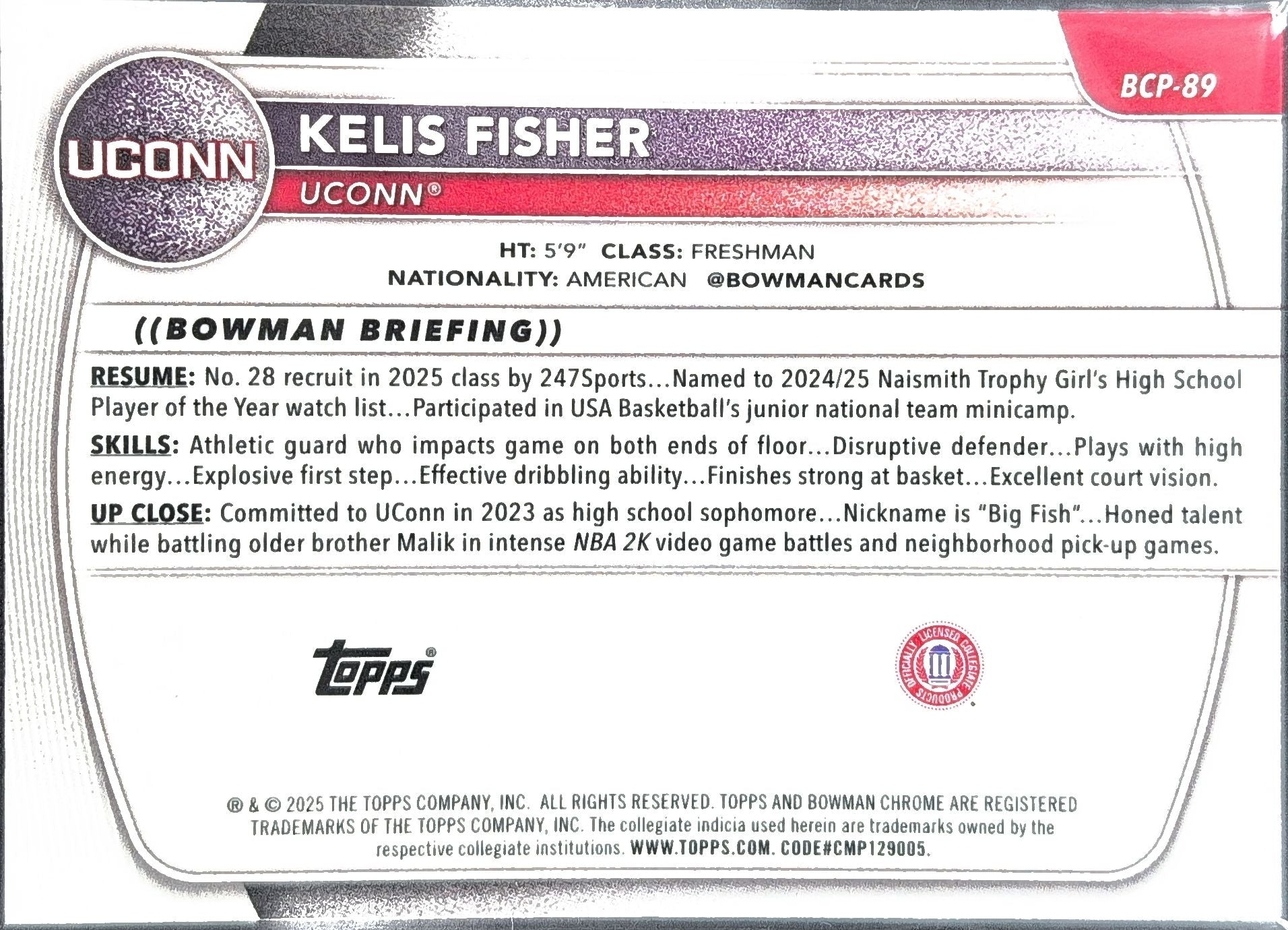 2025-26 Bowman Kelis Fisher #BCP-89 Chrome Prospects Connecticut Huskies back