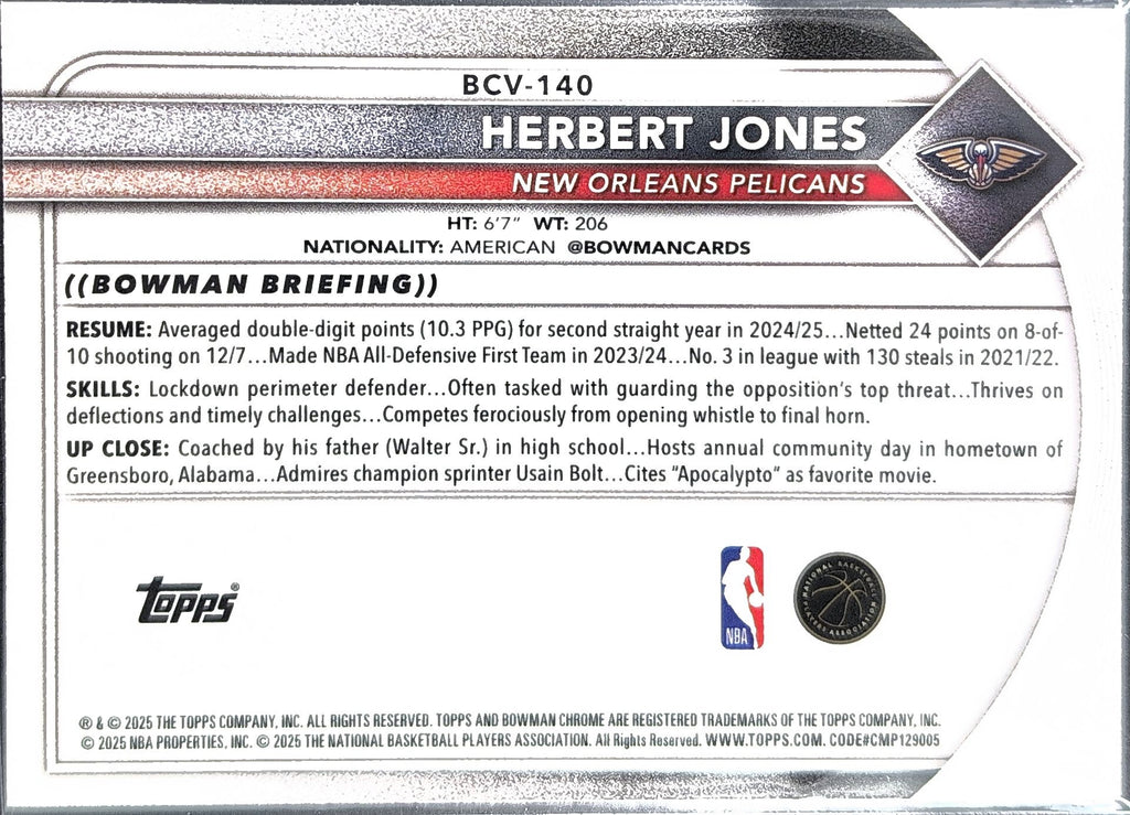 2025-26 Bowman Herbert Jones #BCV-140 Chrome New Orleans Pelicans back
