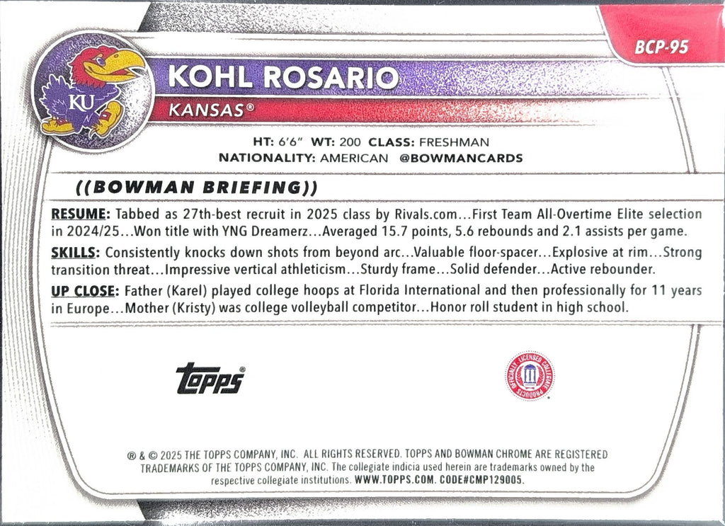 2025-26 Bowman Kohl Rosario #BCP-95 Chrome Prospects Kansas Jayhawks back