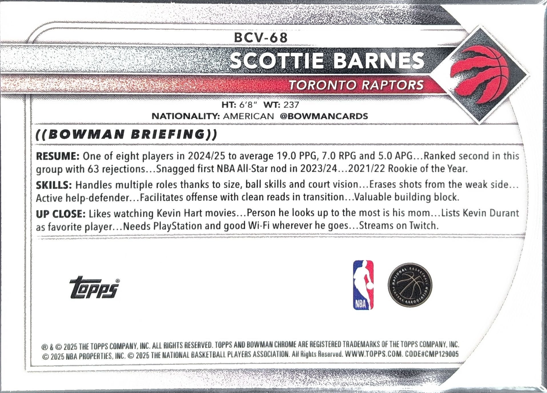 Scottie Barnes 2025-26 Bowman #BCV-68 Chrome Toronto Raptors