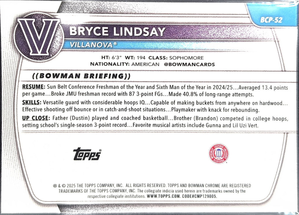 2025-26 Bowman Bryce Lindsay #BCP-52 Chrome Prospects Villanova Wildcats back