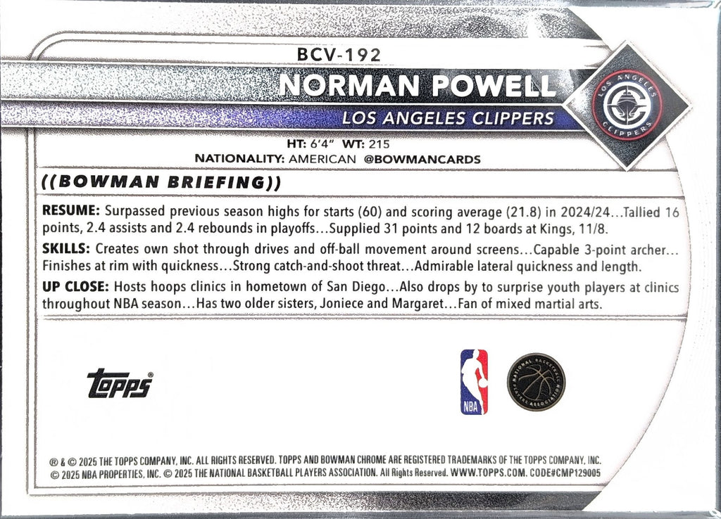 2025-26 Bowman Norman Powell #BCV-192 Chrome Los Angeles Clippers back