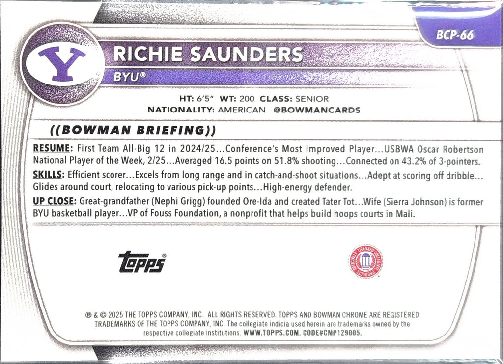 2025-26 Bowman Richie Saunders #BCP-66 Chrome Prospects BYU Cougars back