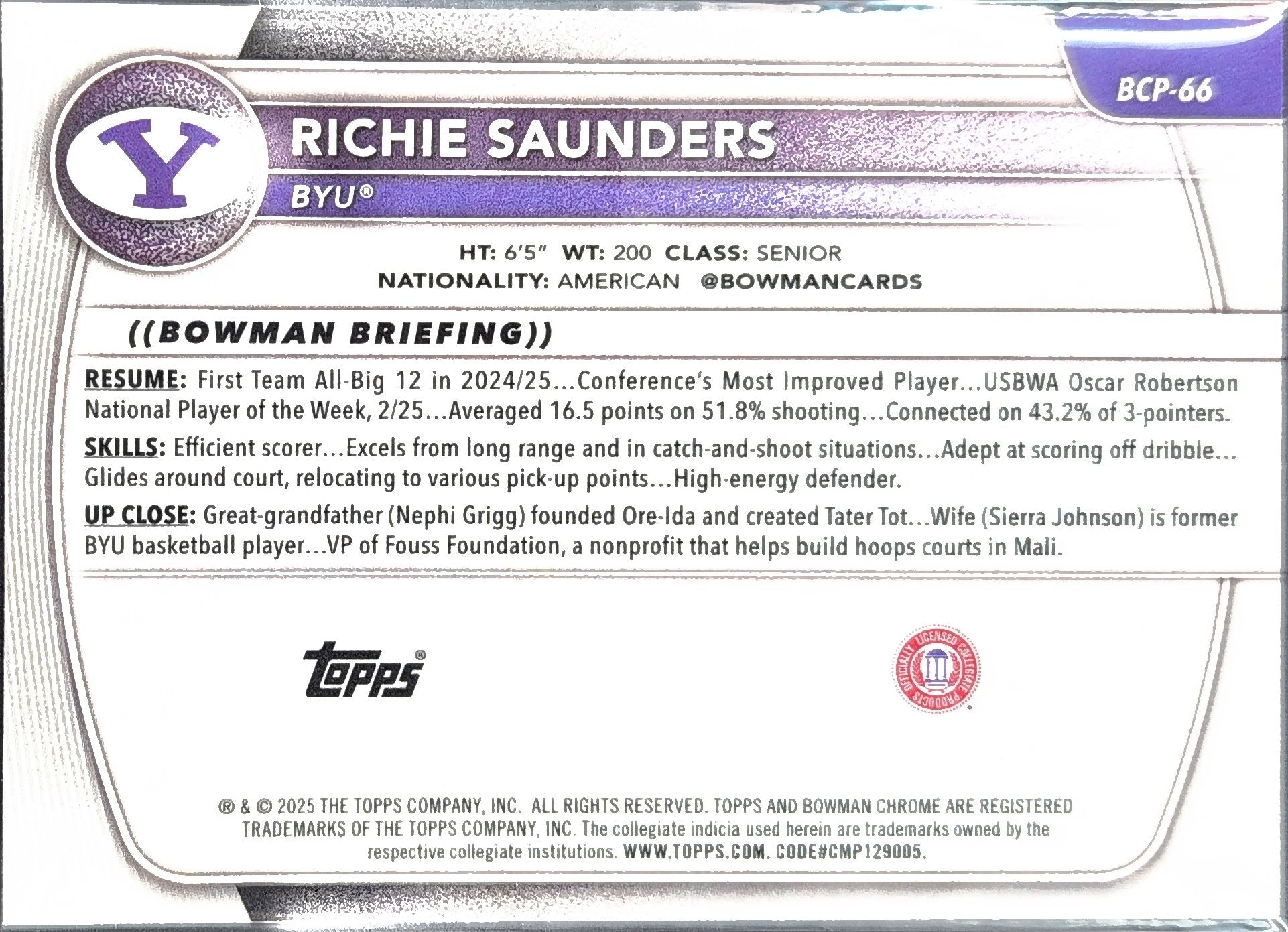 2025-26 Bowman Richie Saunders #BCP-66 Chrome Prospects BYU Cougars back