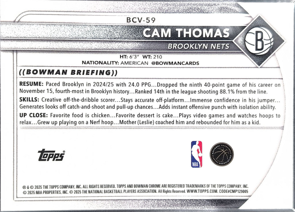 2025-26 Bowman Cam Thomas #BCV-59 Chrome Brooklyn Nets back