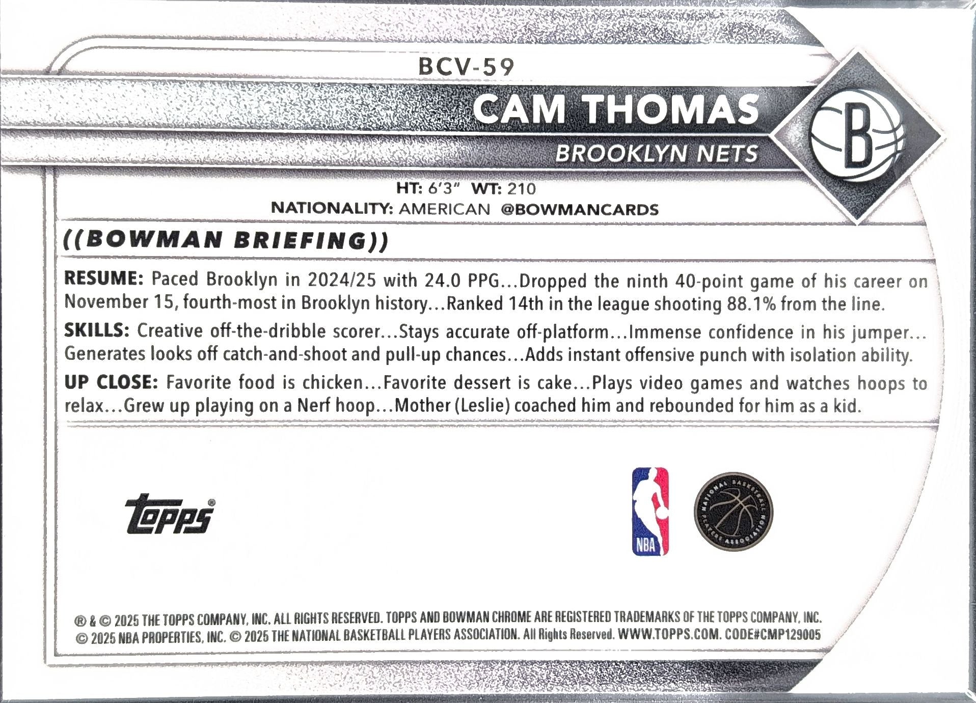 2025-26 Bowman Cam Thomas #BCV-59 Chrome Brooklyn Nets back