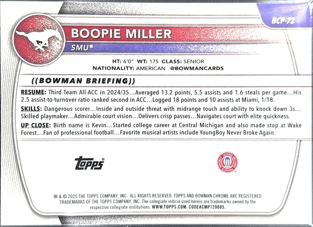 2025-26 Bowman Boopie Miller #BCP-72 Chrome Prospects SMU Mustangs back