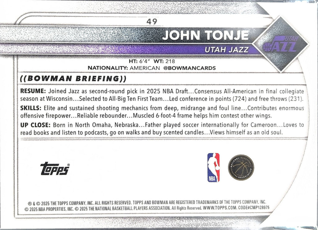 2025-26 Bowman John Tonje #49 RC Utah Jazz back
